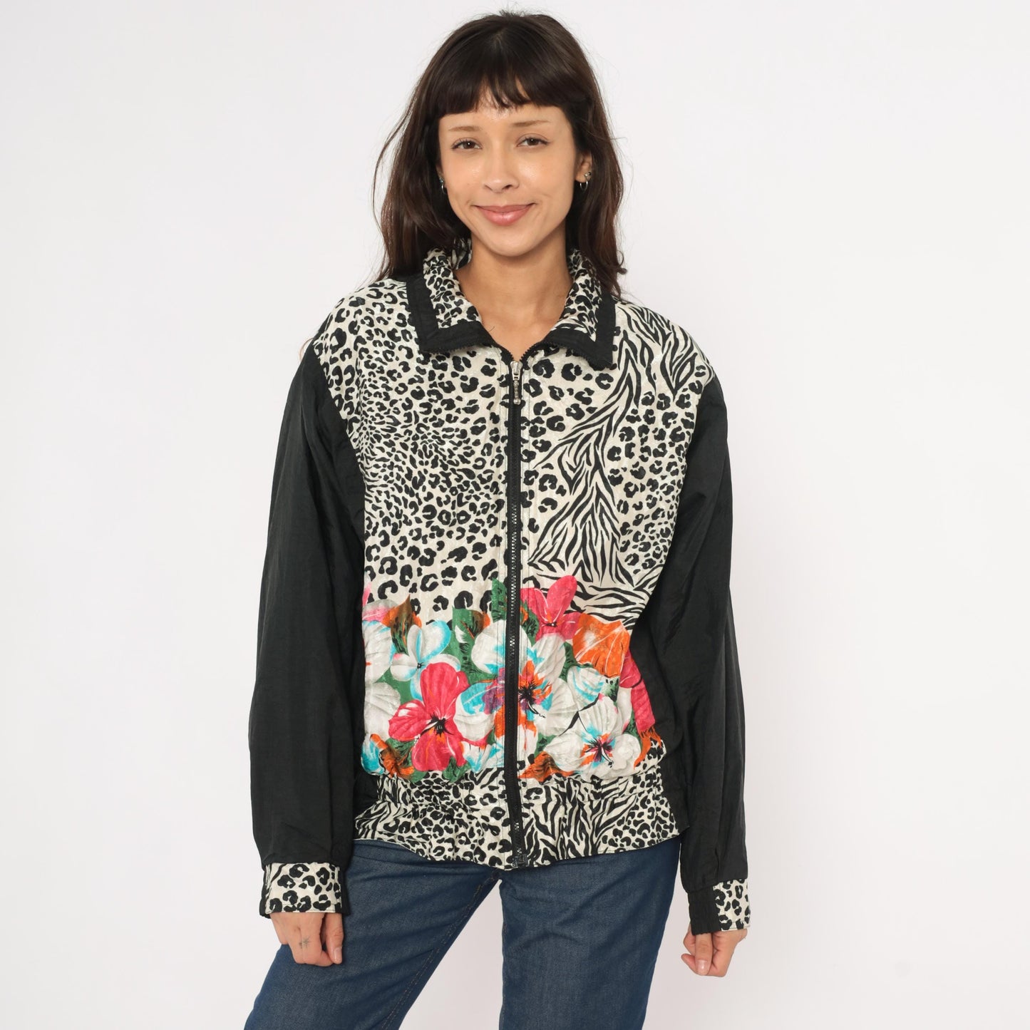 90s East West Leopard Zebra Floral Windbreaker Jacket Black Medium M