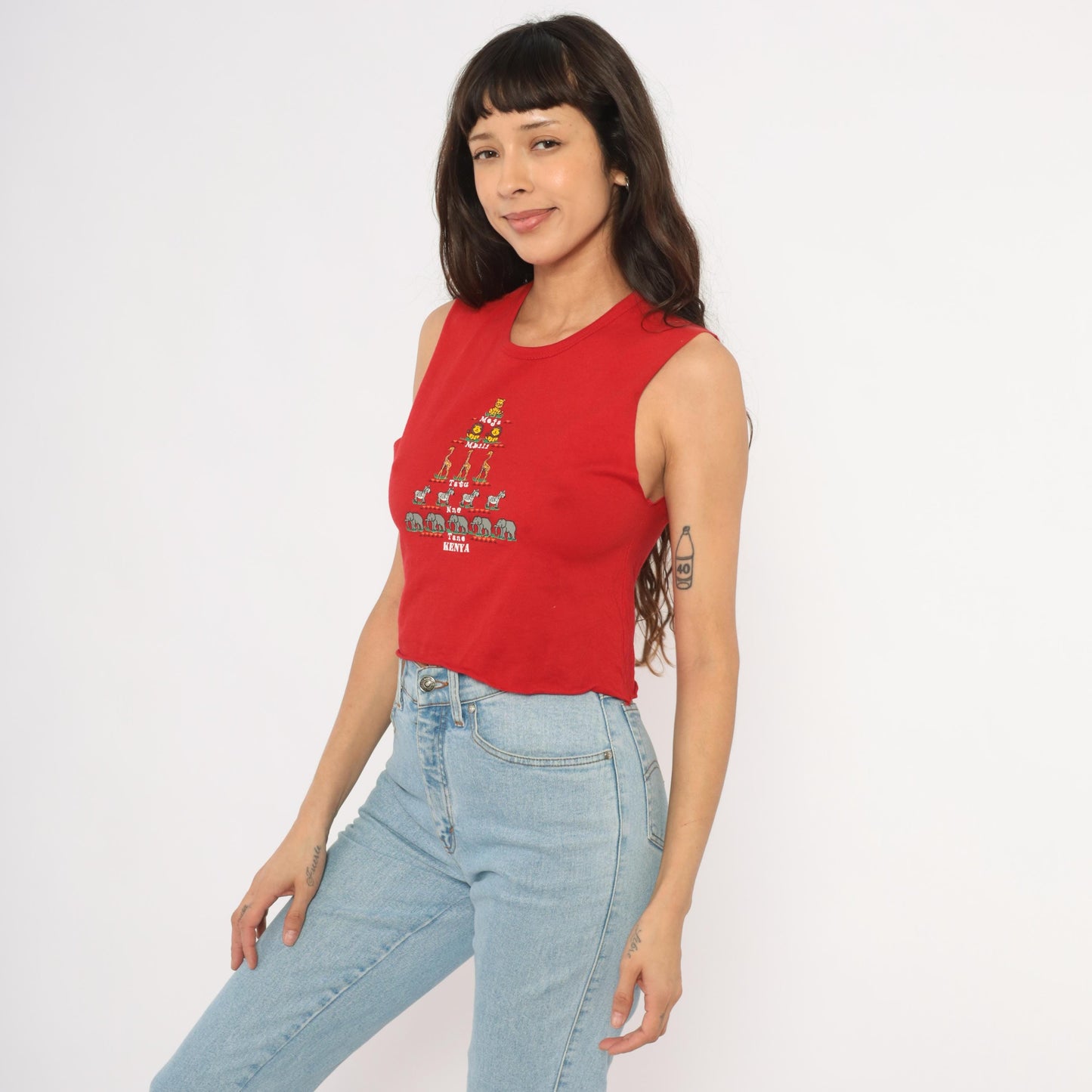 2000s Kenya Safari Animal Crop Tank Red Cotton Swahili Graphic XS