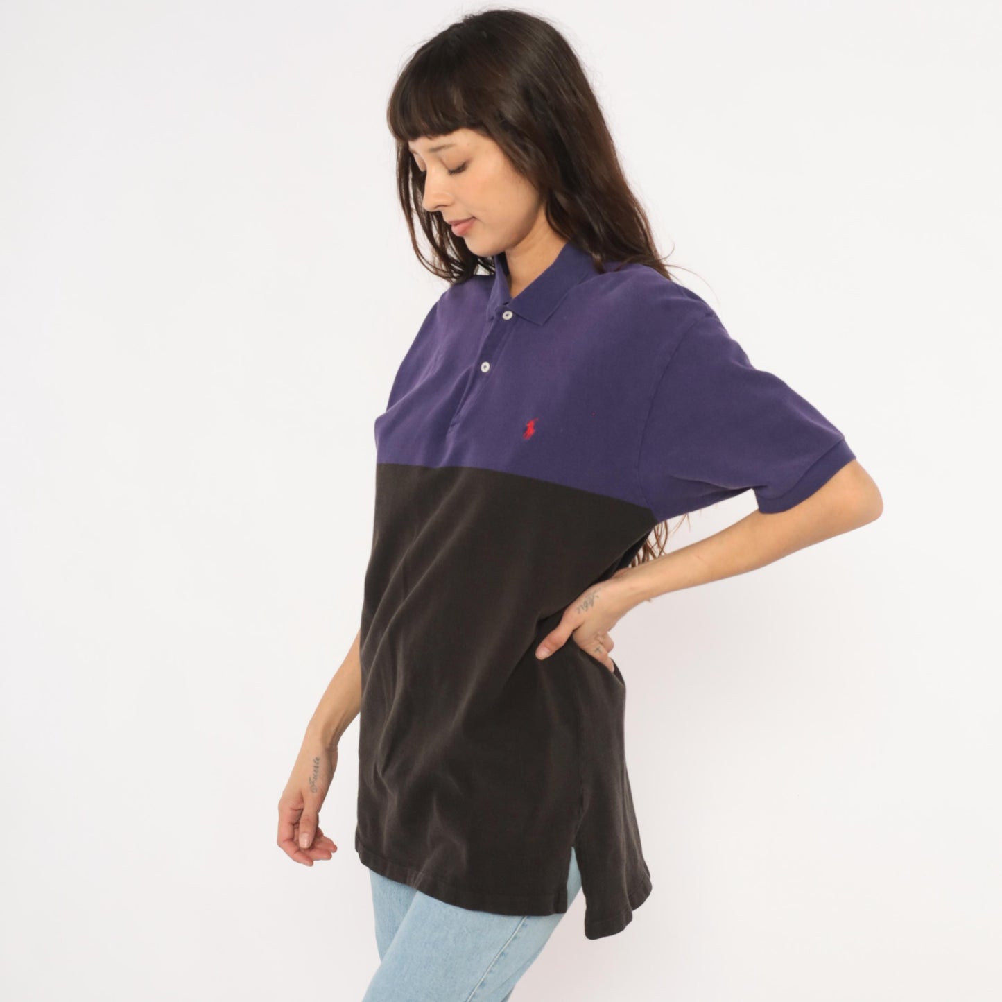 90s Polo by Ralph Lauren Color Block Pique Polo Purple Navy Black Cotton Large L