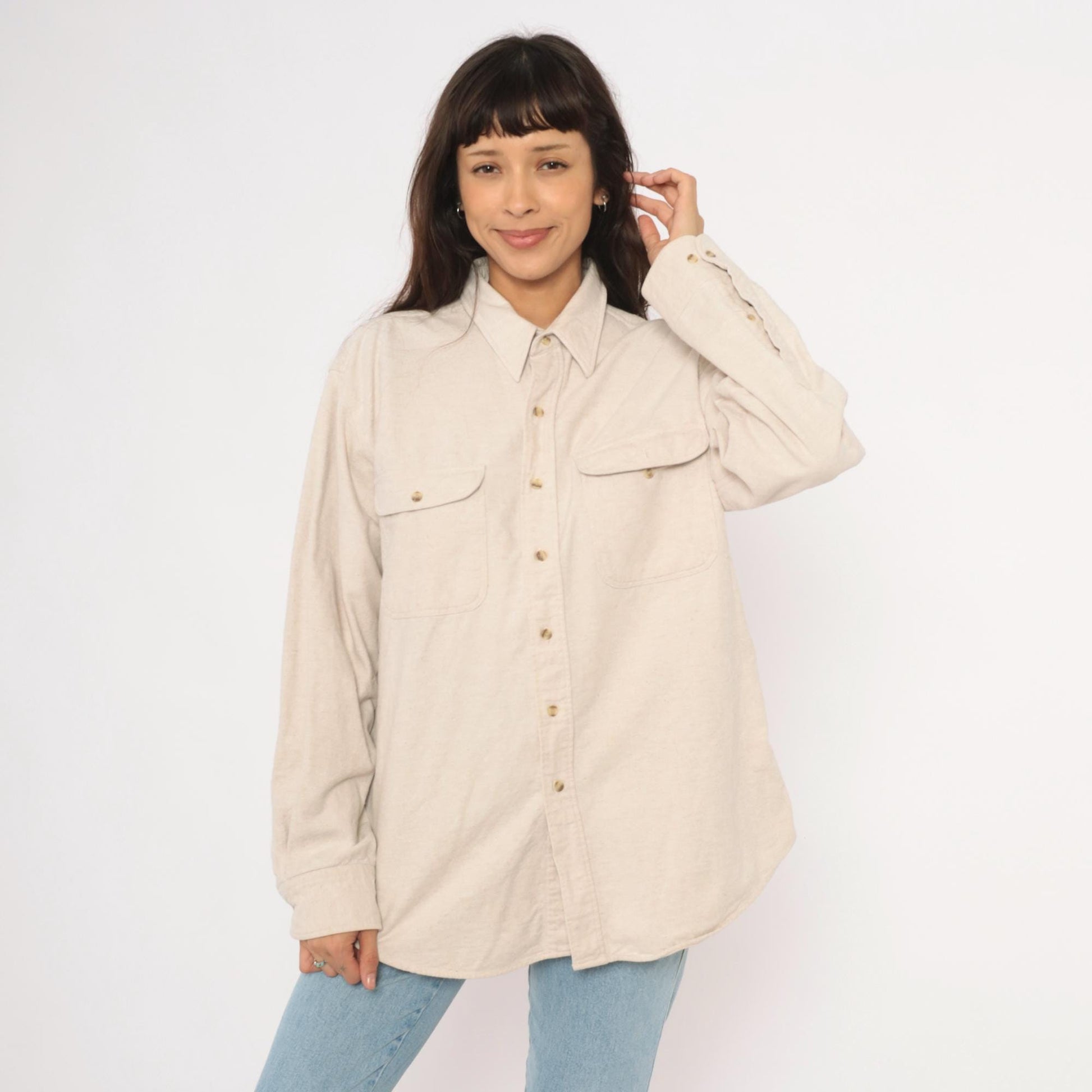 90s Appalachian Trail Flannel Button-Up Shirt Cream Cotton Unisex Extra Large XL