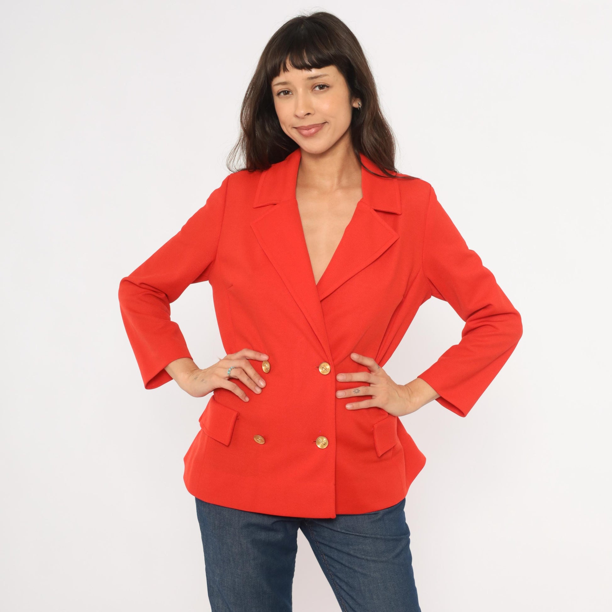 70s Bodin Knits Red Double Breasted Blazer Gold Buttons Medium M