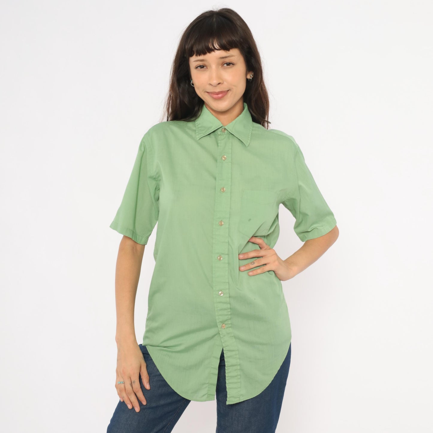 70s Mossini Sage Green Button Down Shirt Short Sleeve Pointed Collar Small