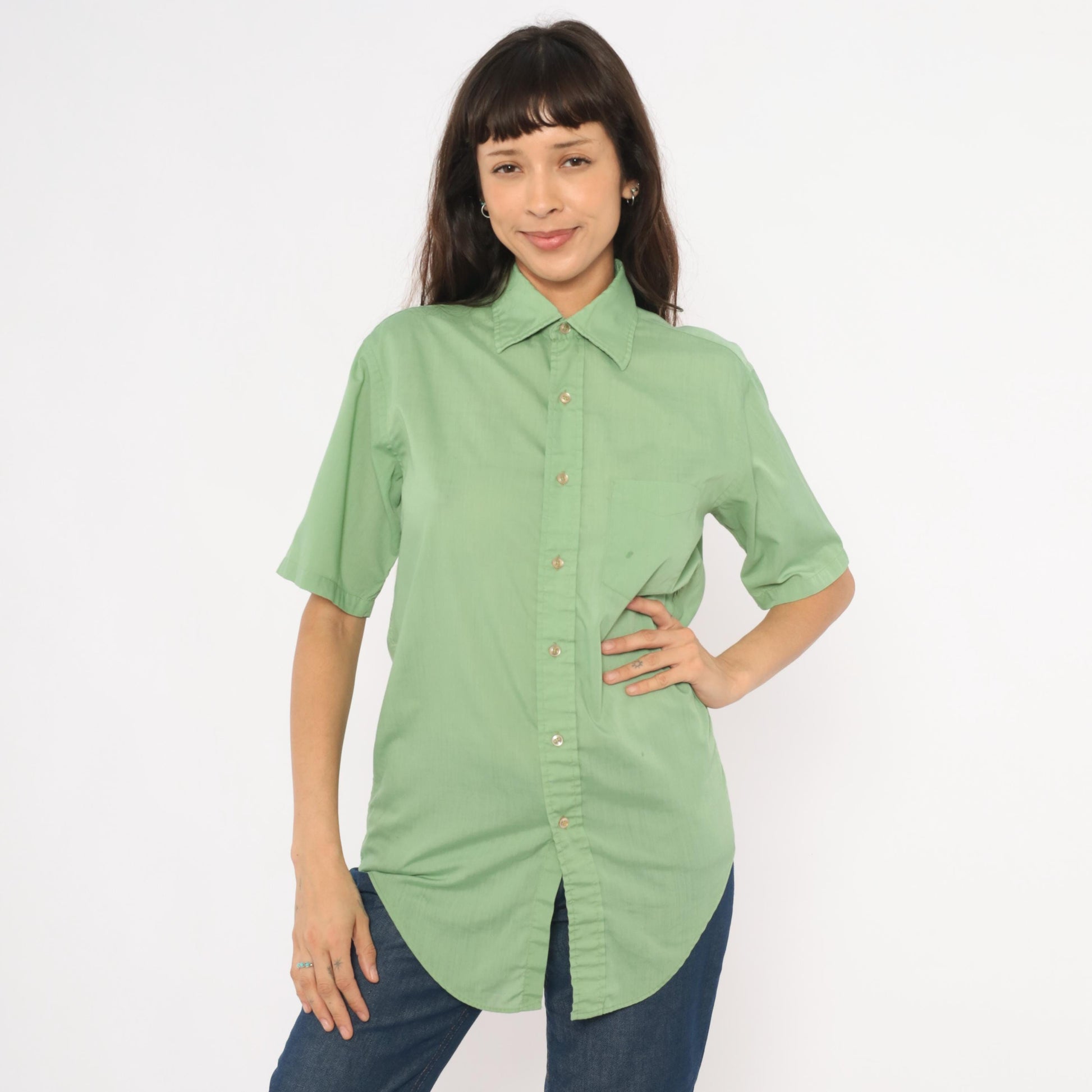 70s Mossini Sage Green Button Down Shirt Short Sleeve Pointed Collar Small