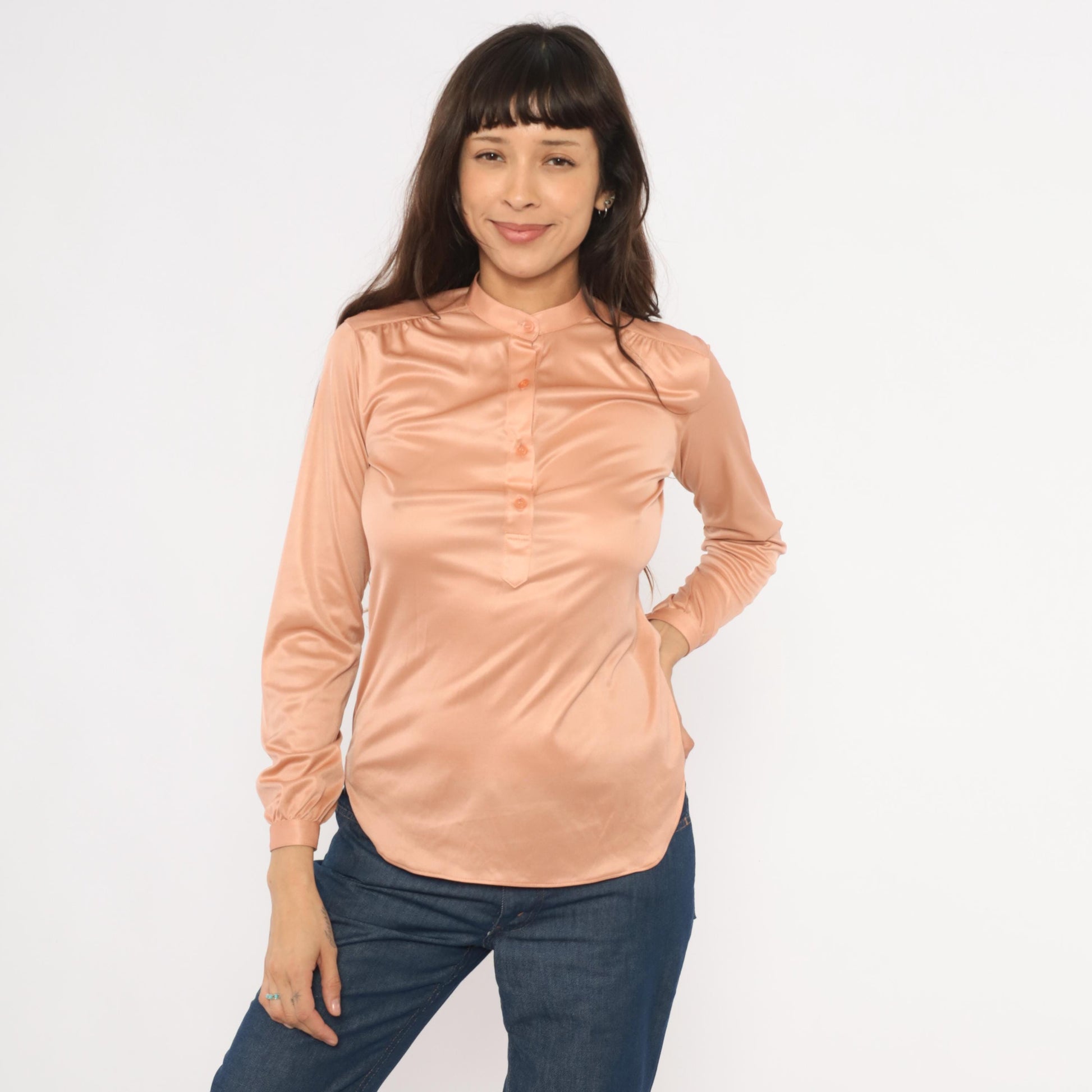 70s Spices Blush Pink Satin Blouse Mandarin Collar Long Sleeve Medium M