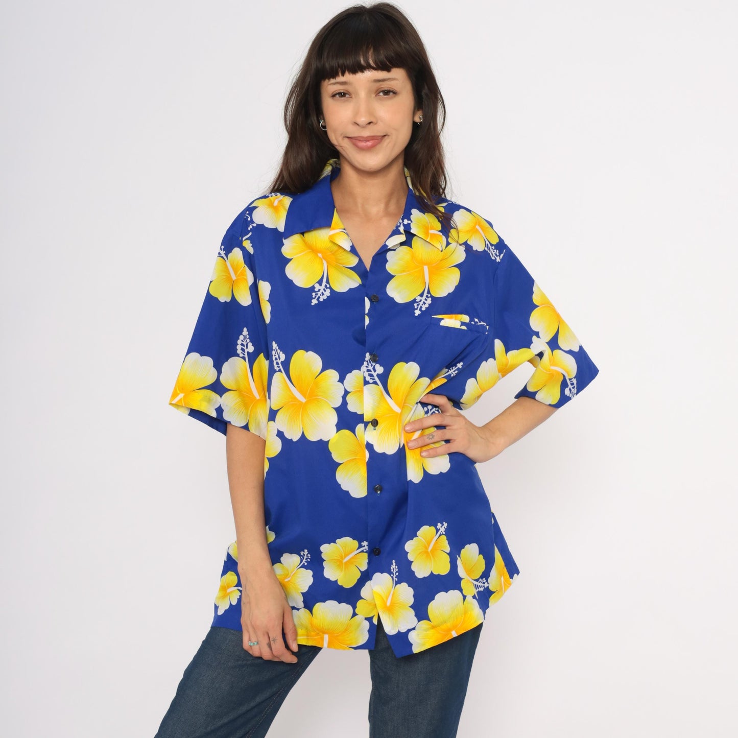 90s Hilo Hatties Hawaiian Hibiscus Shirt Cobalt Blue Yellow Camp Collar Extra Large XL