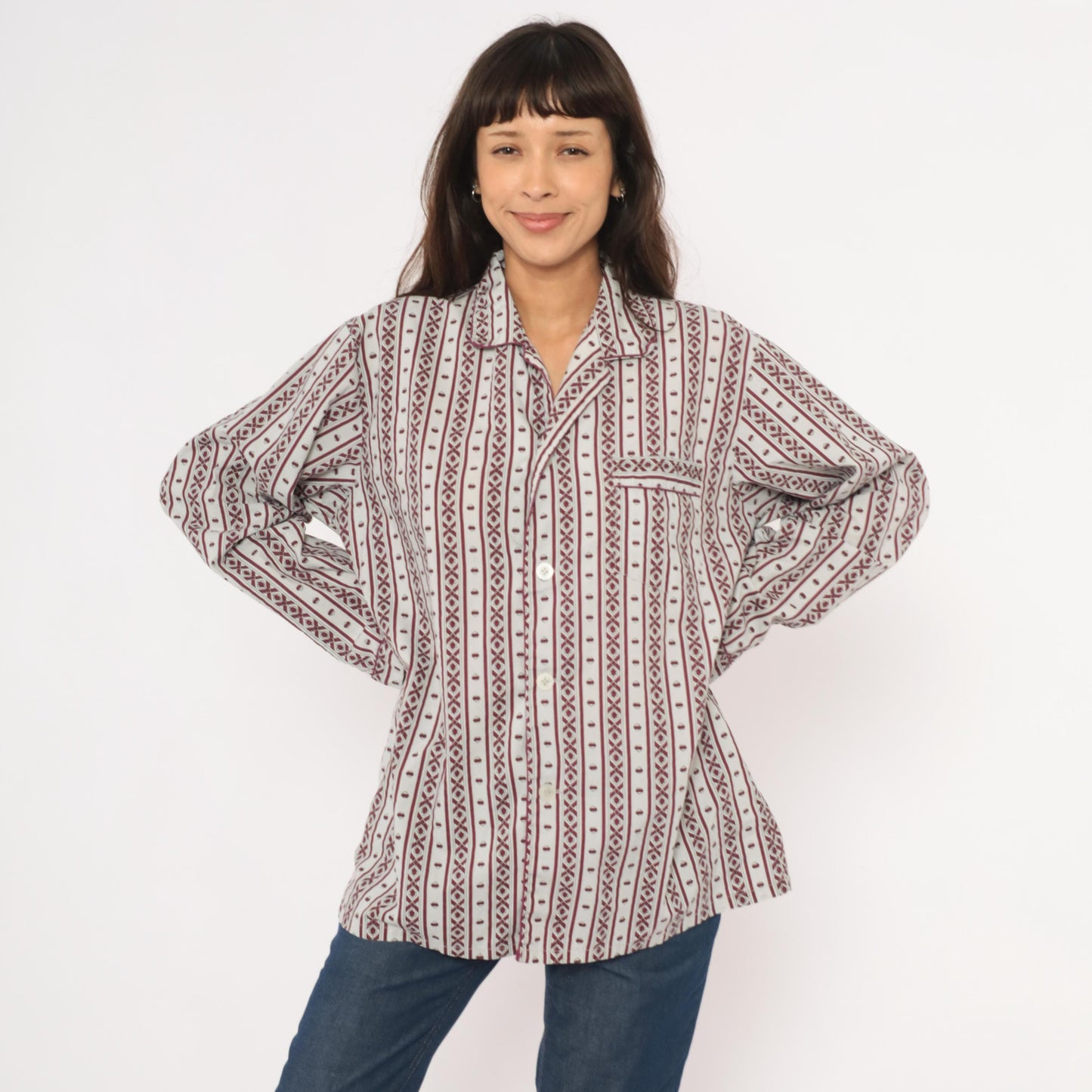 80s MTL Classics Pajama Shirt Geometric Stripe Burgundy Grey Notched Collar Large