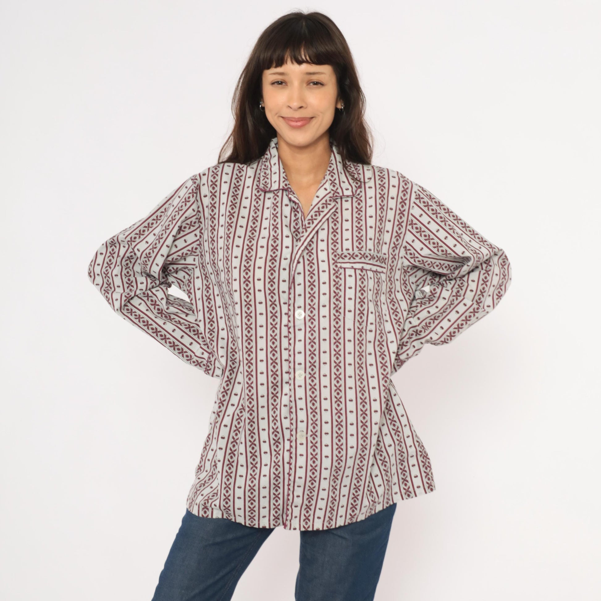 80s MTL Classics Pajama Shirt Geometric Stripe Burgundy Grey Notched Collar Large