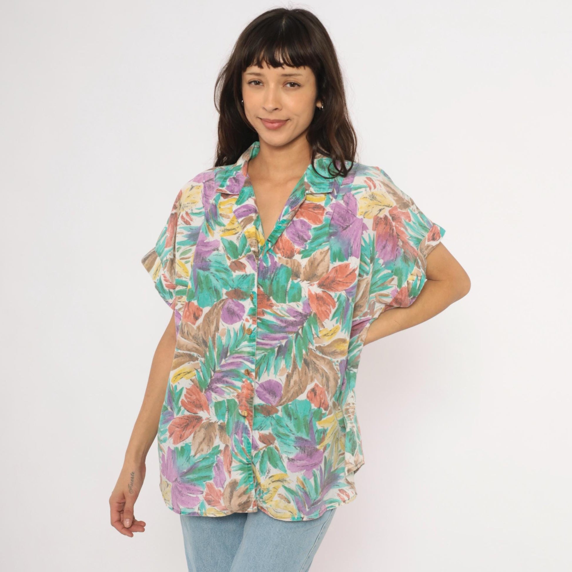 90s Cabrais Tropical Leaf Print Camp Collar Shirt Teal Purple Coral Plus Size XXL
