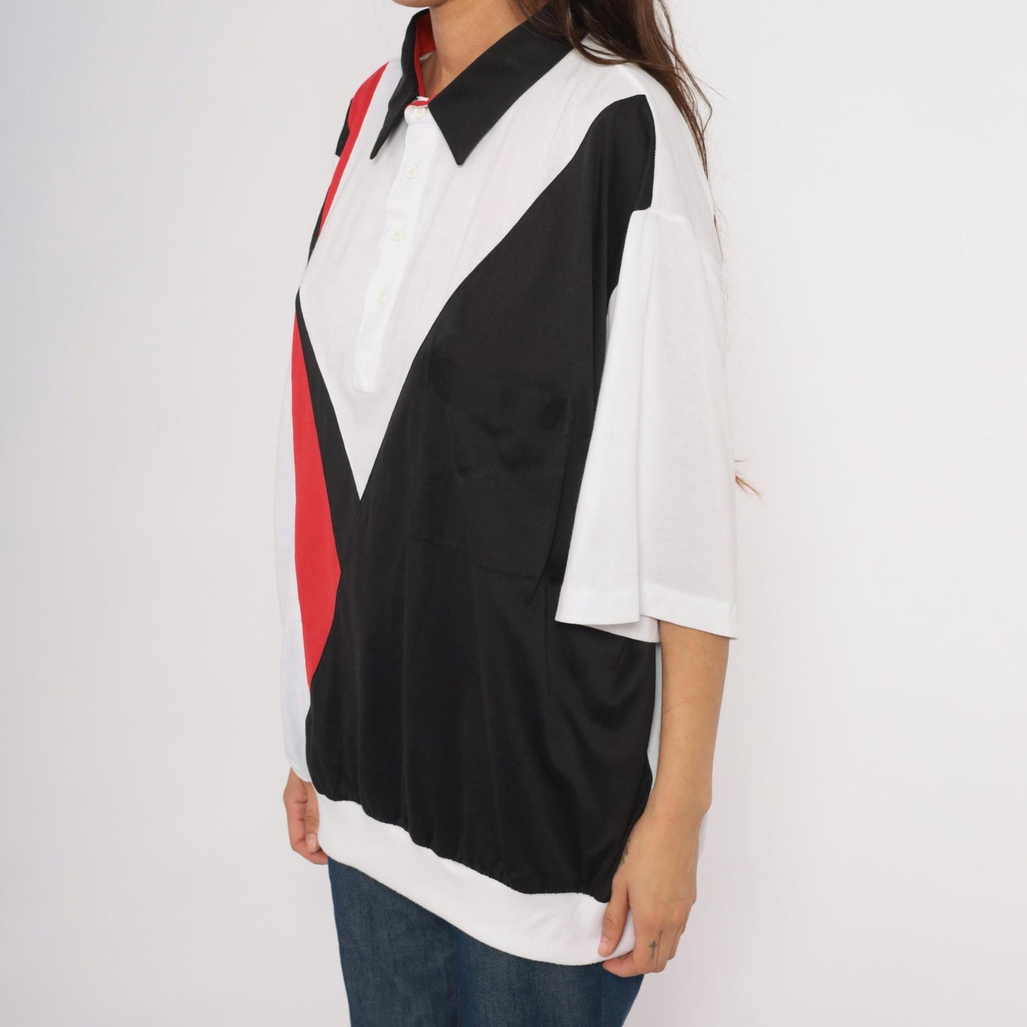 80s Envoy Colour Block Polo Chevron White Black Red Plus Size XXL