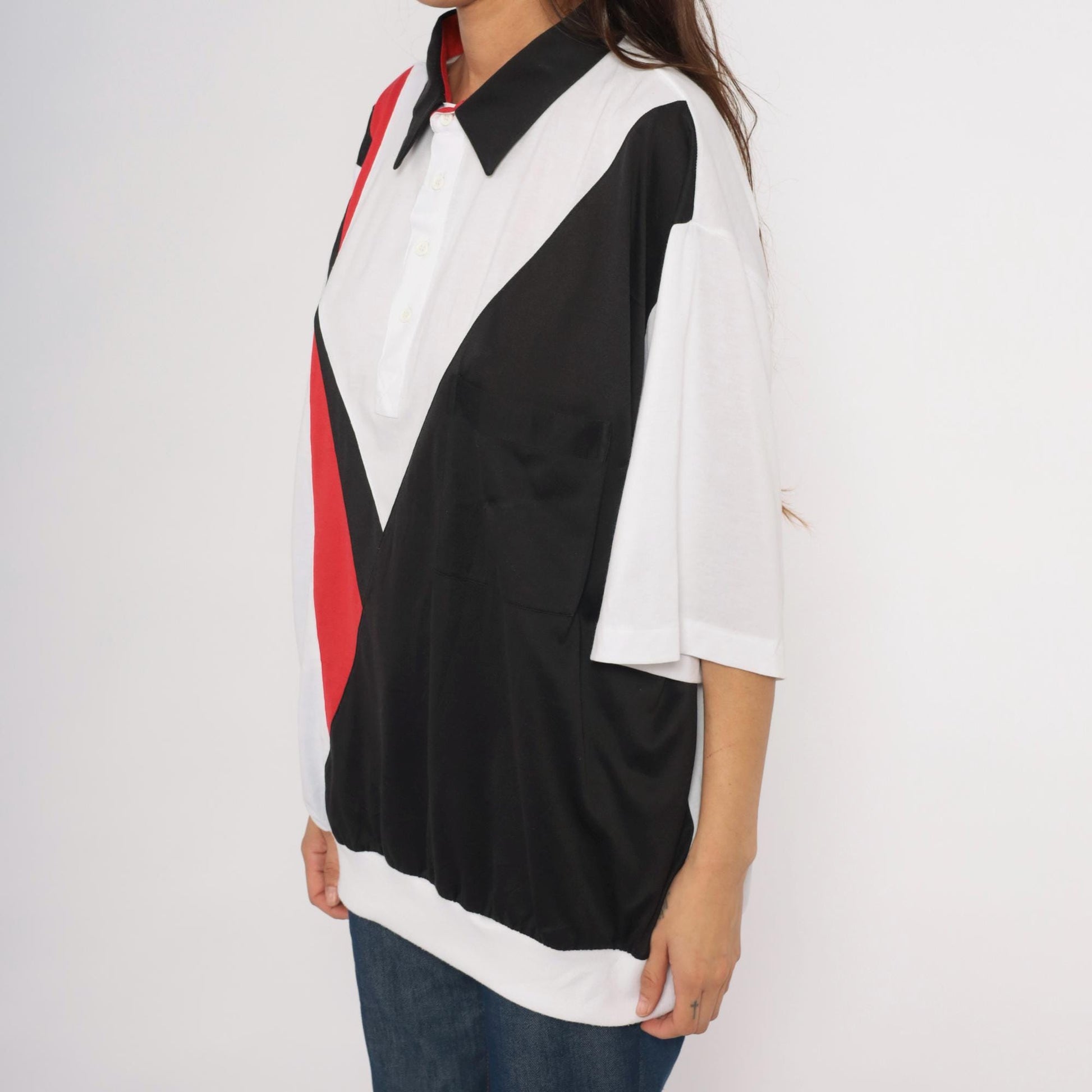 80s Envoy Colour Block Polo Chevron White Black Red Plus Size XXL