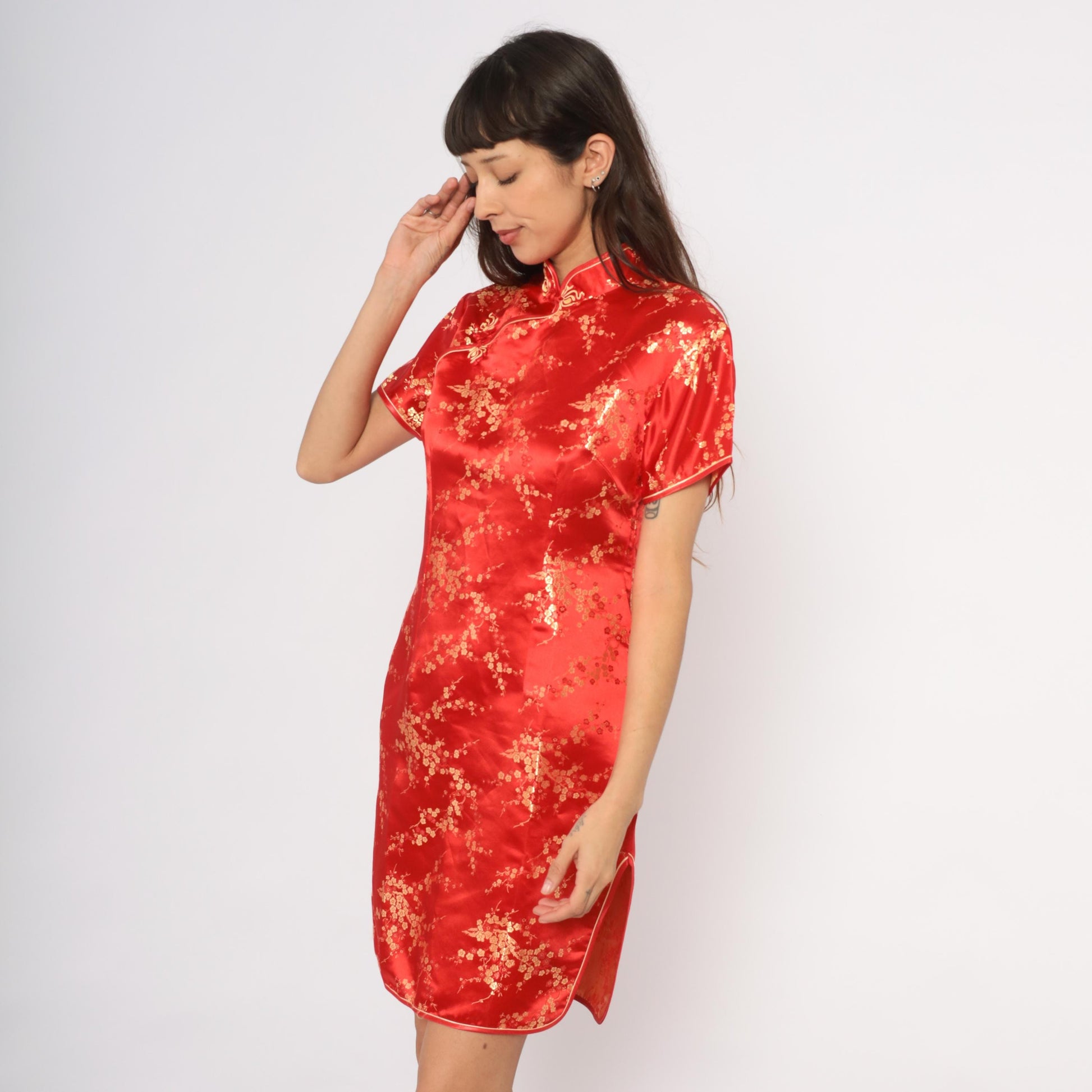 80s Xuan Tang Red Cheongsam Gold Cherry Blossom Qipao Plus Size XXL