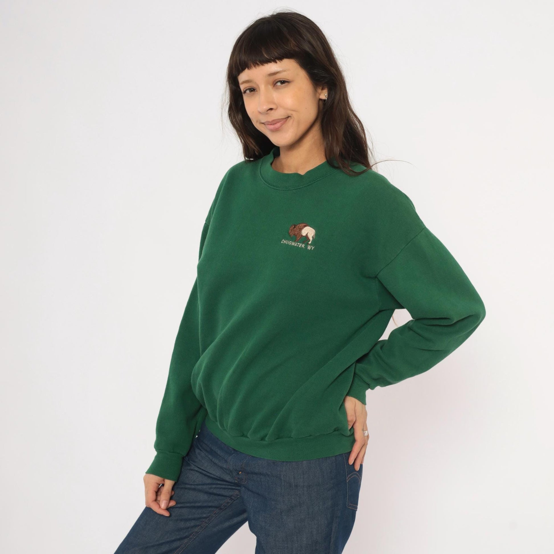 90s Lee Bison Embroidered Sweatshirt Forest Green Chugwater Wyoming Large