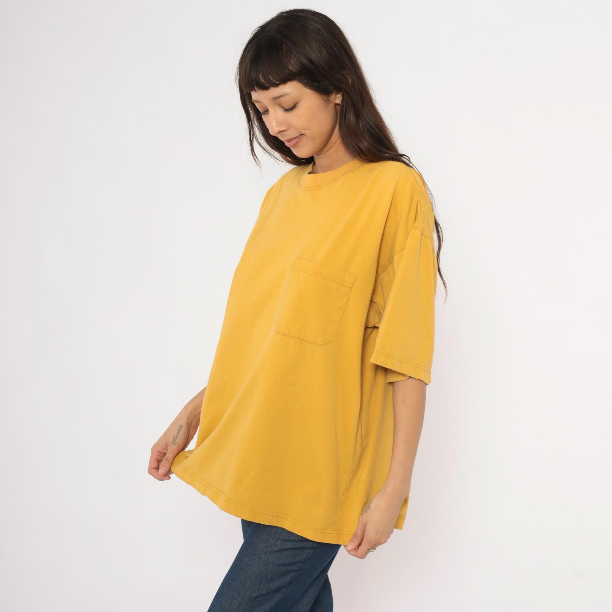 2000s American Eagle Mustard Pocket Tee Cotton Boxy Crew Large L