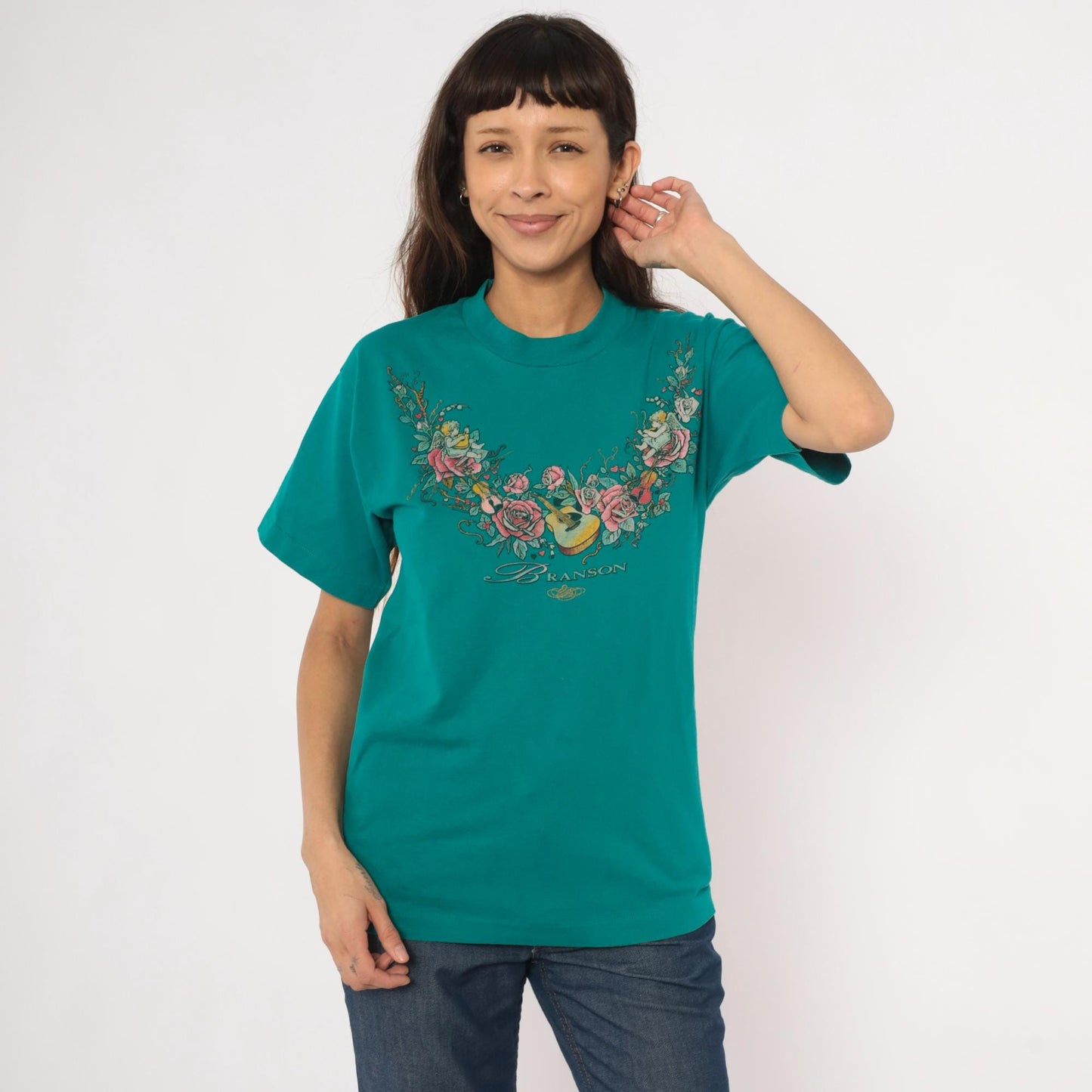 90s Branson Cherub Angel Roses Guitar Teal Cotton Graphic Tee Small
