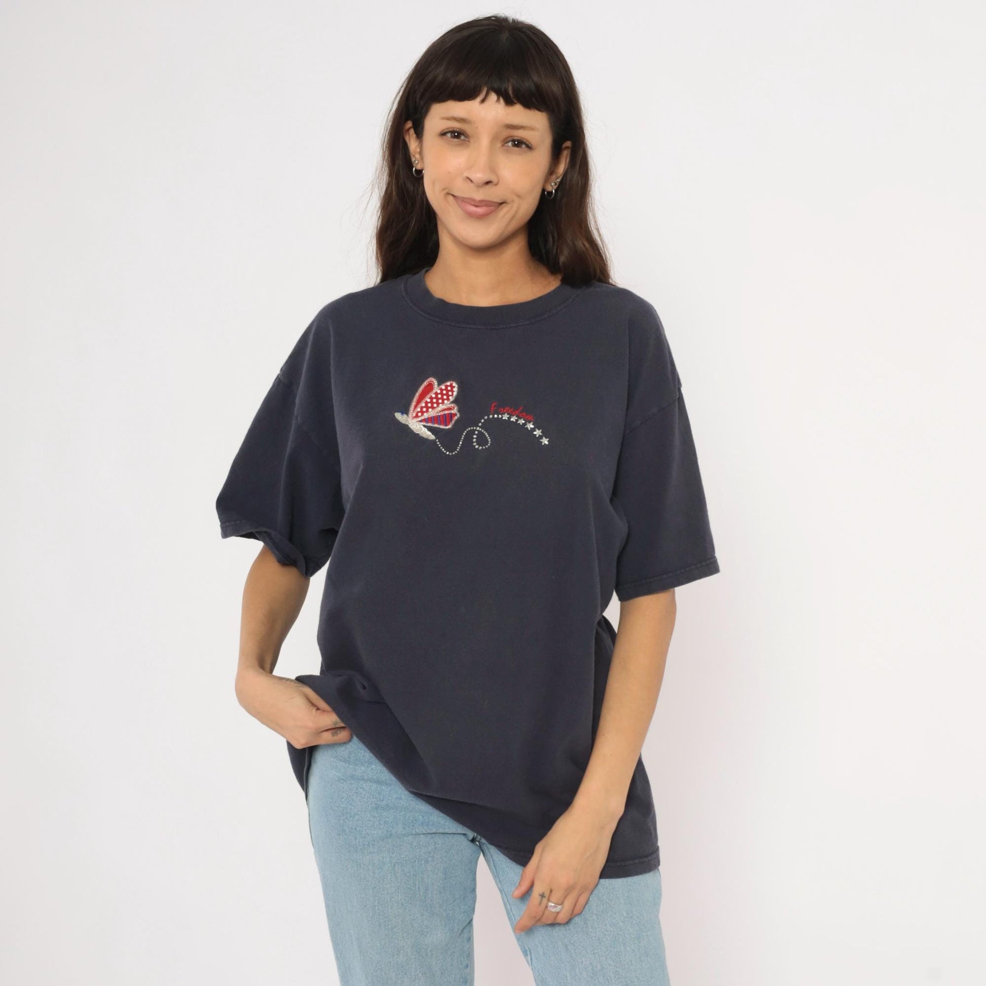 90s Mc Squared Energy Butterfly Embroidered Tee Navy Cotton Americana Stars Extra Large XXL