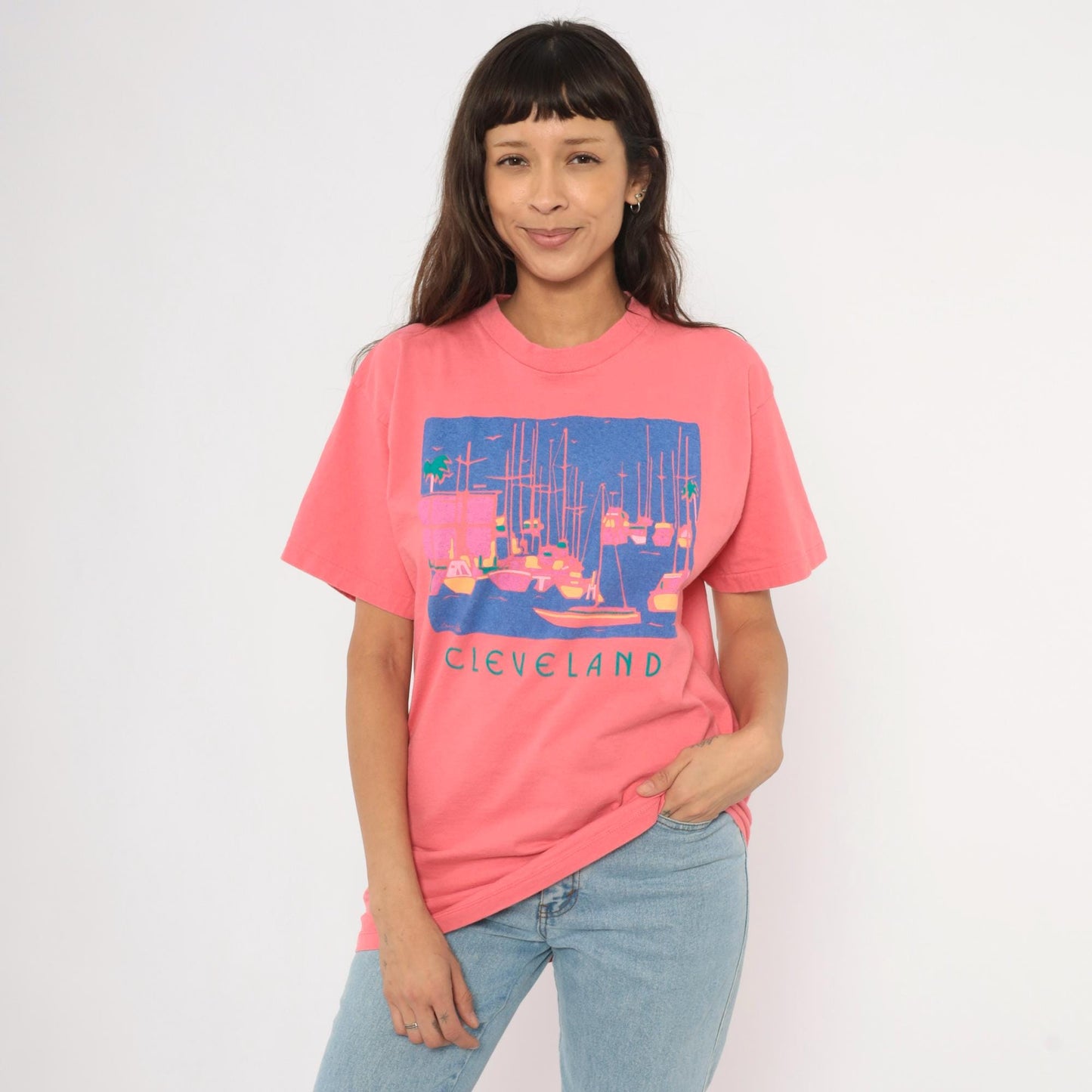 90s Eyecatcher Sportswear Cleveland Marina Tee Coral Pink Sailboat Graphic Extra Large XL