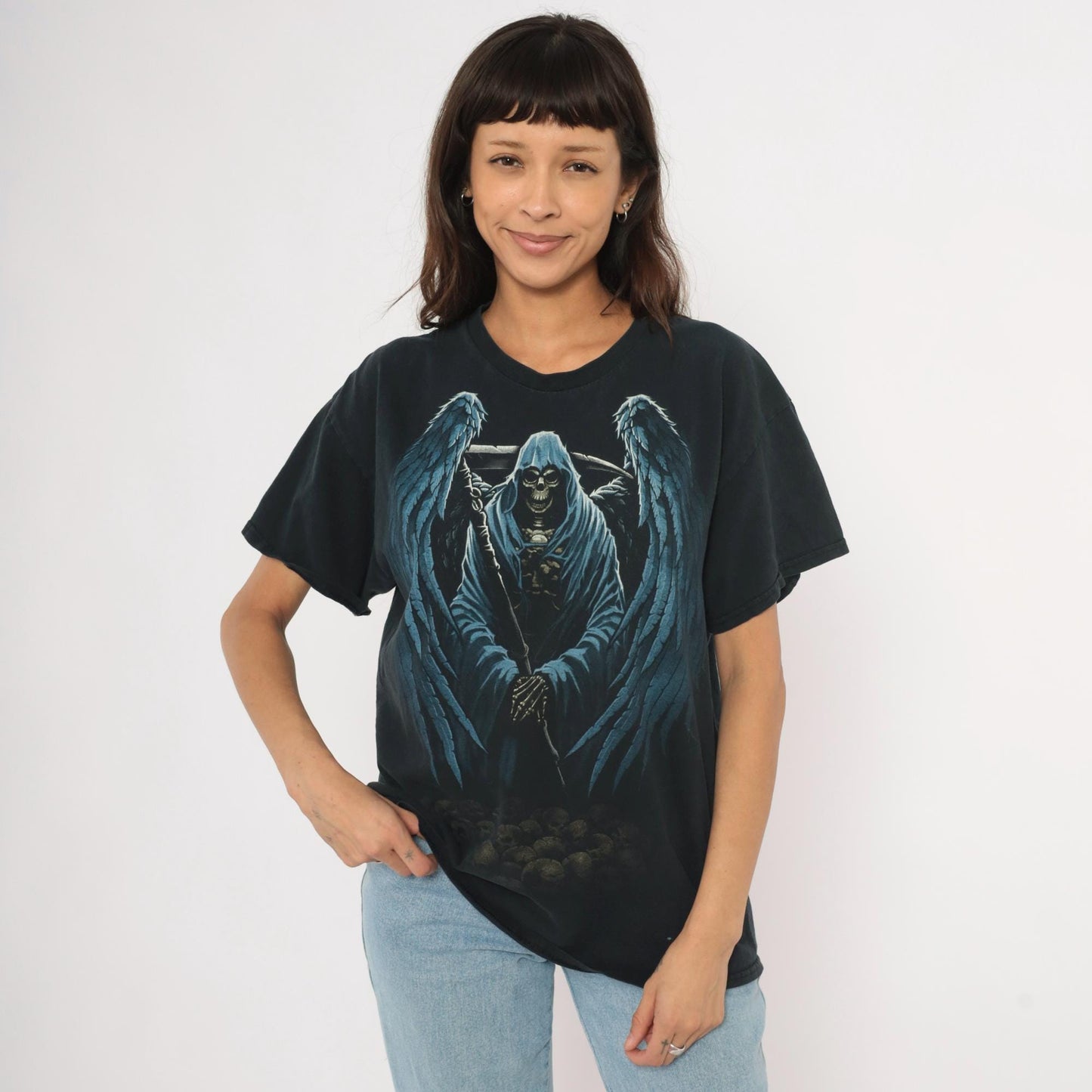 2000s Winged Grim Reaper Graphic Tee Black Cotton Gildan Large L