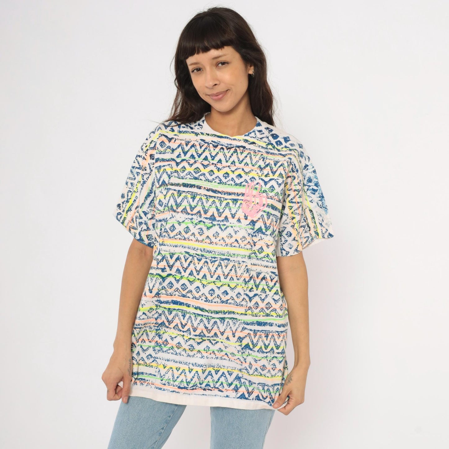 90s Sasson Tribal Print T-Shirt Neon Geometric White Navy Cotton Extra Large XL