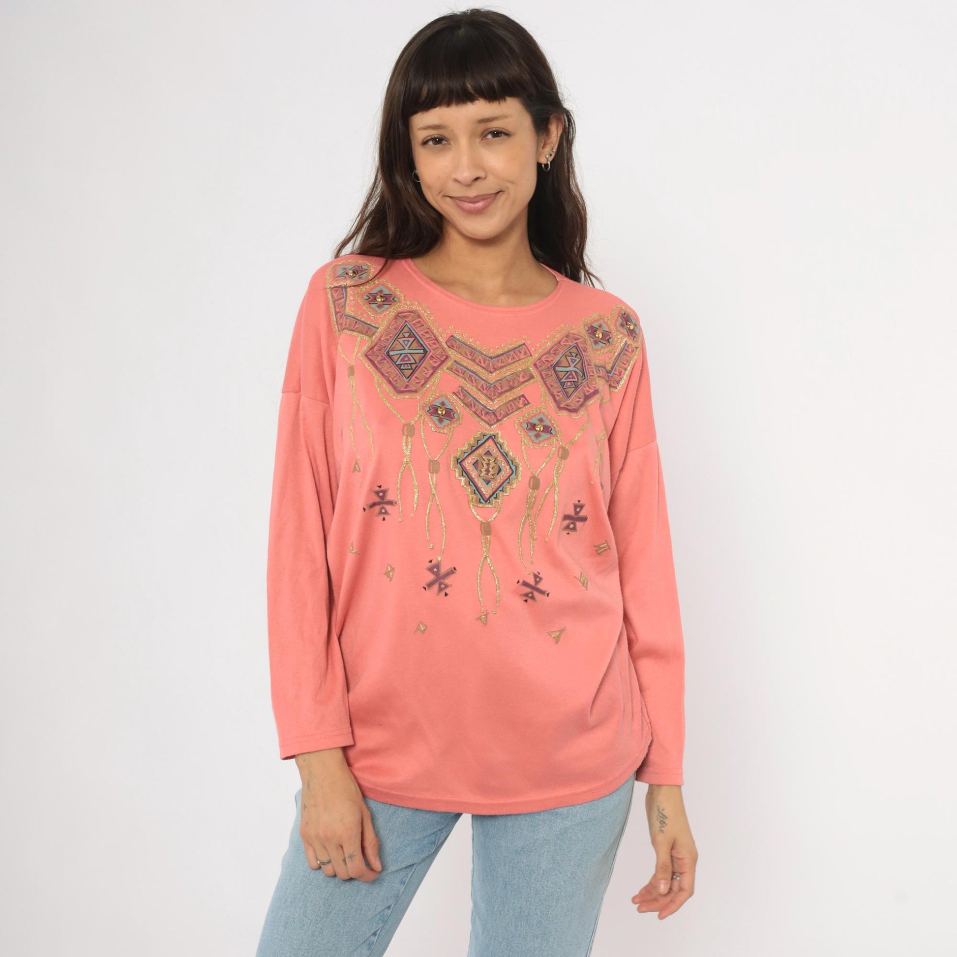90s Sassy Sport Southwestern Crewneck Coral Pink Beaded Graphic Medium