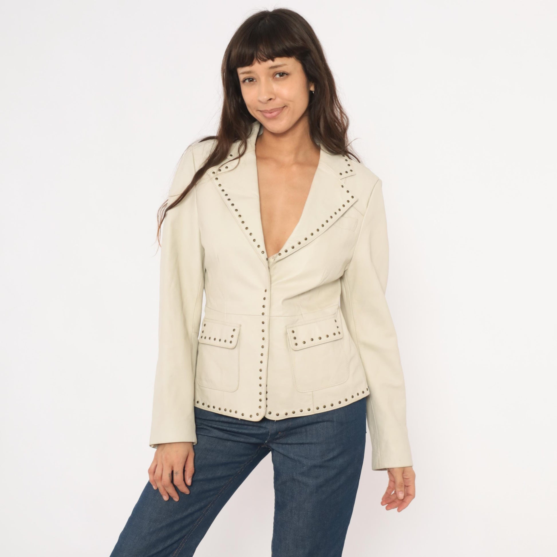 2000s Uniform John Paul Richard Studded Lamb Leather Blazer Cream Medium M