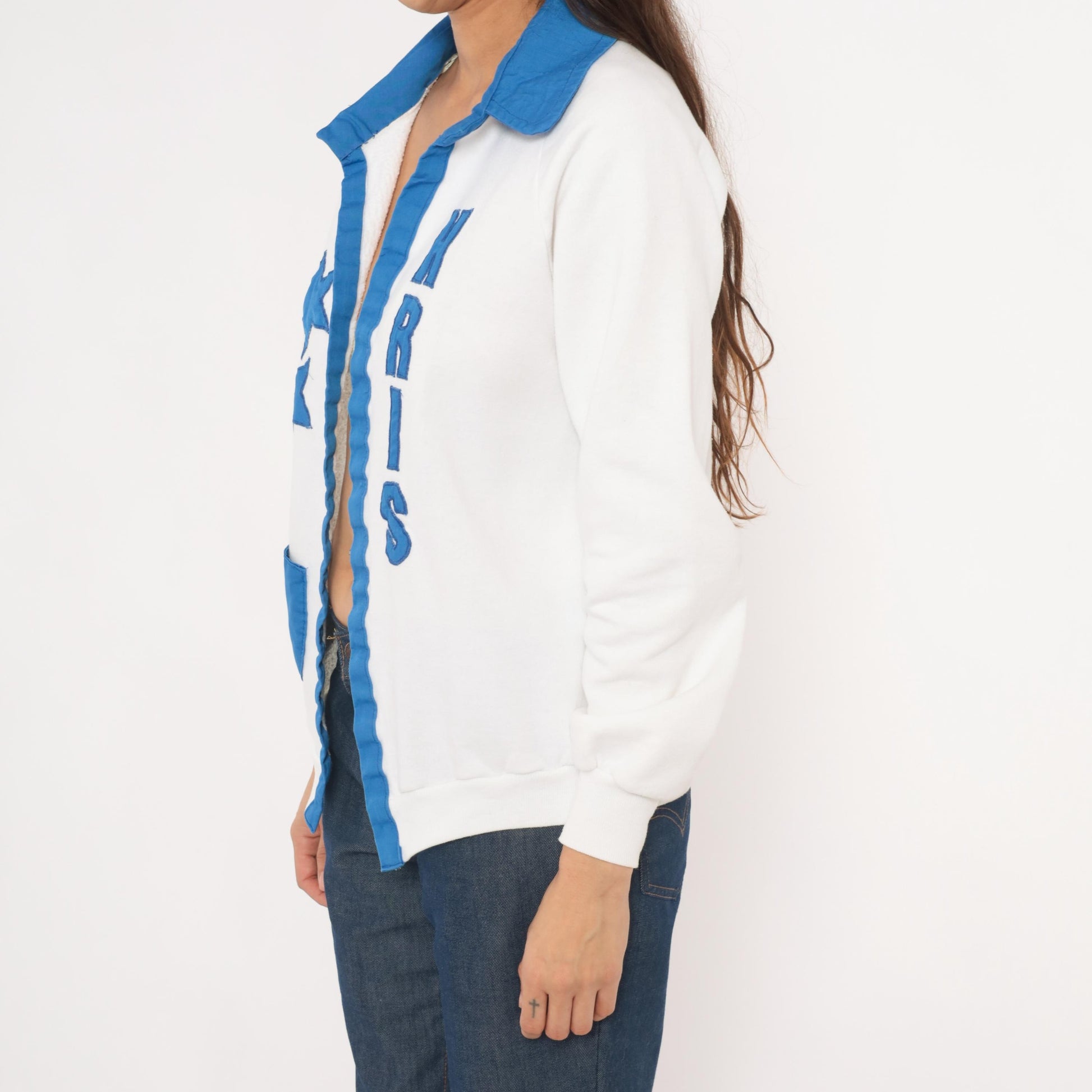 90s Jerzees Royal Dance Star Patch Sweatshirt Jacket White Blue Collared Medium M