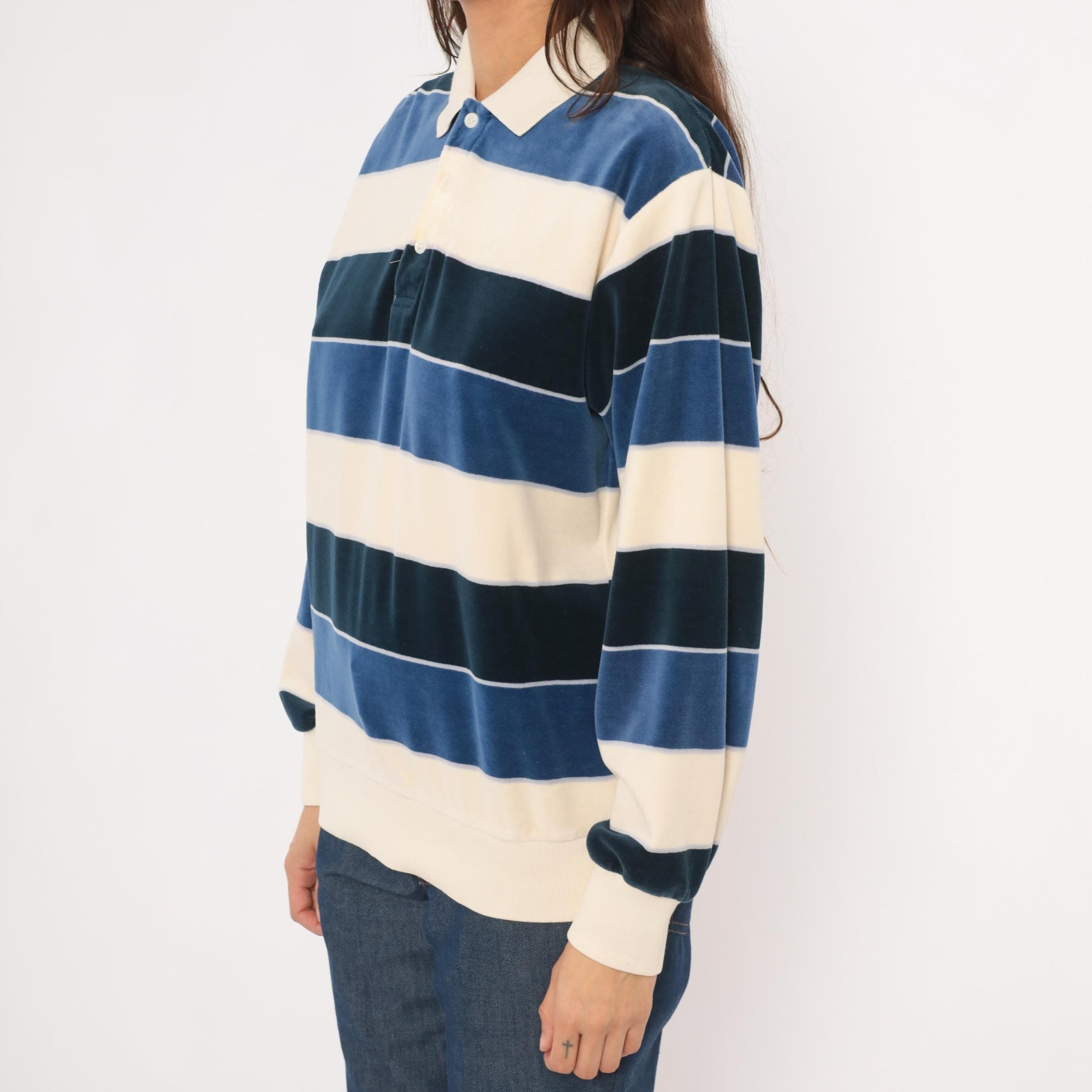 80s Damon Striped Velour Rugby Polo Cream Navy Collared Pullover Medium