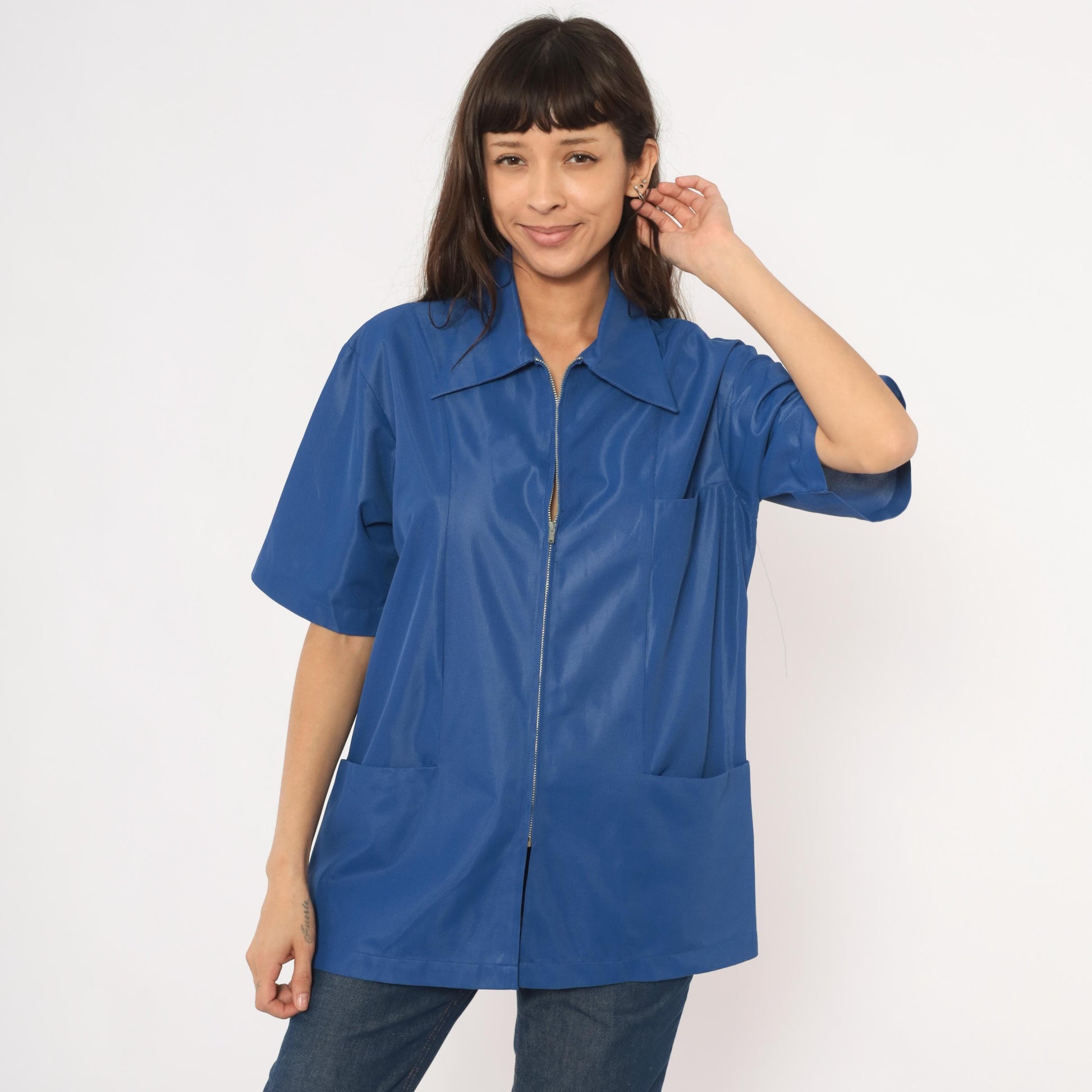 70s Sears Professional Apparel Cobalt Zip Jacket Short Sleeve Tunic Large