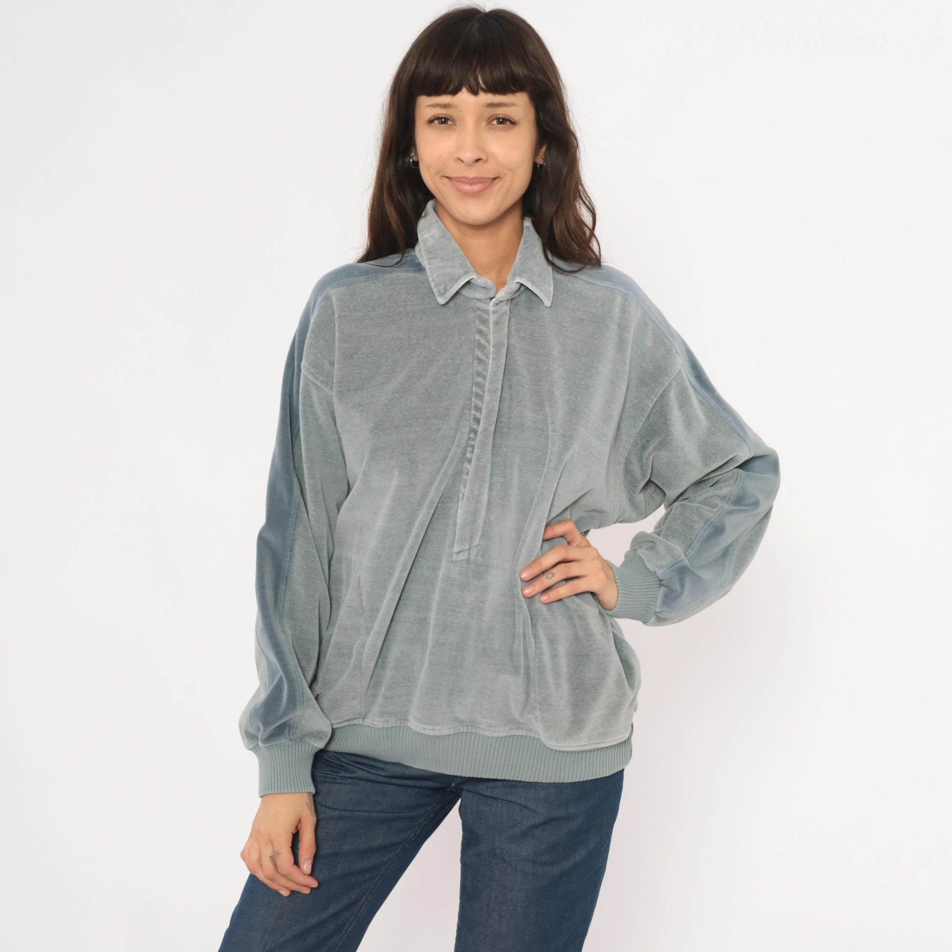 80s Damon Velour Polo Sweatshirt Grey-Blue Collared Pullover Medium M