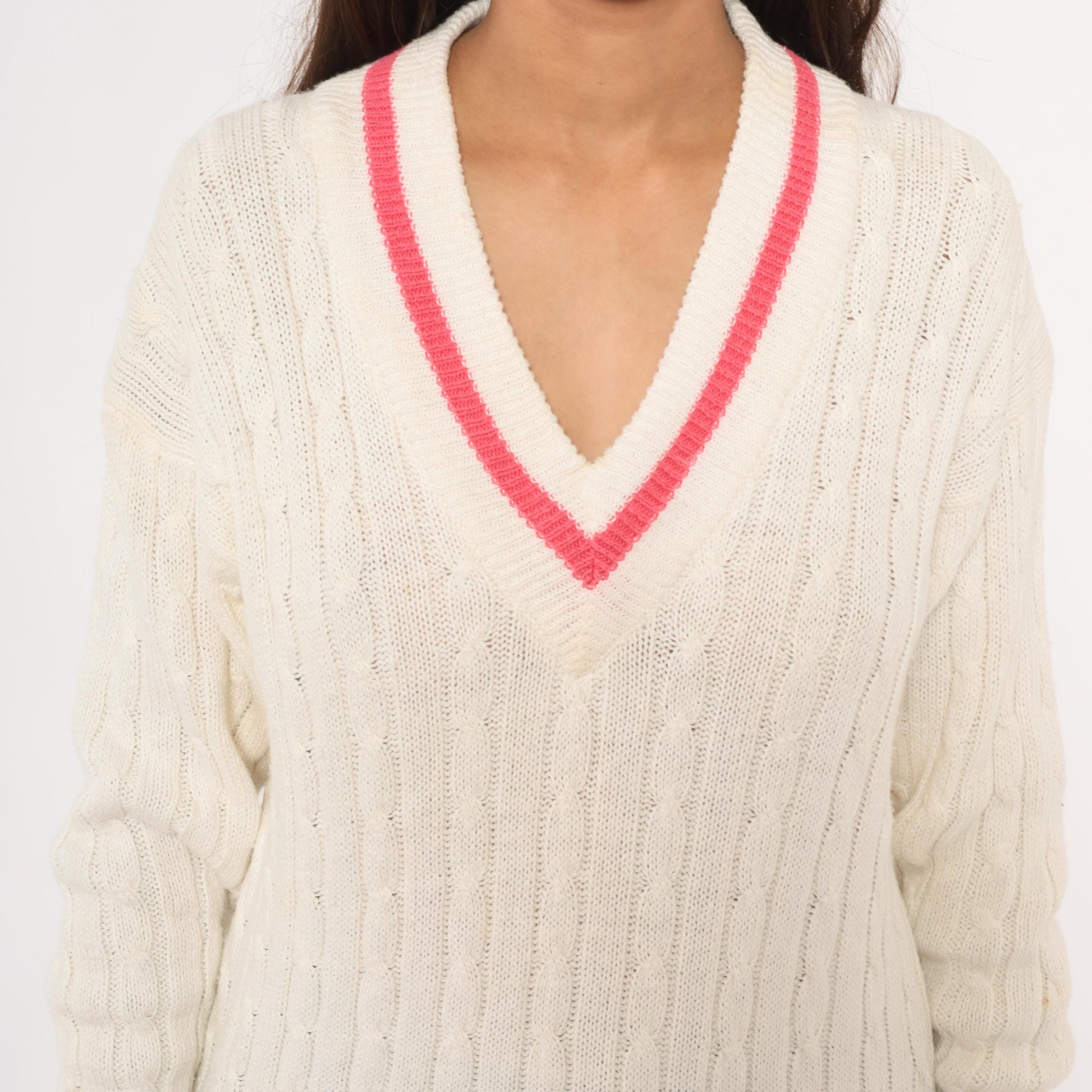 90s Boundary Waters Cable Knit V Neck Sweater Pink Stripe Ivory Small S
