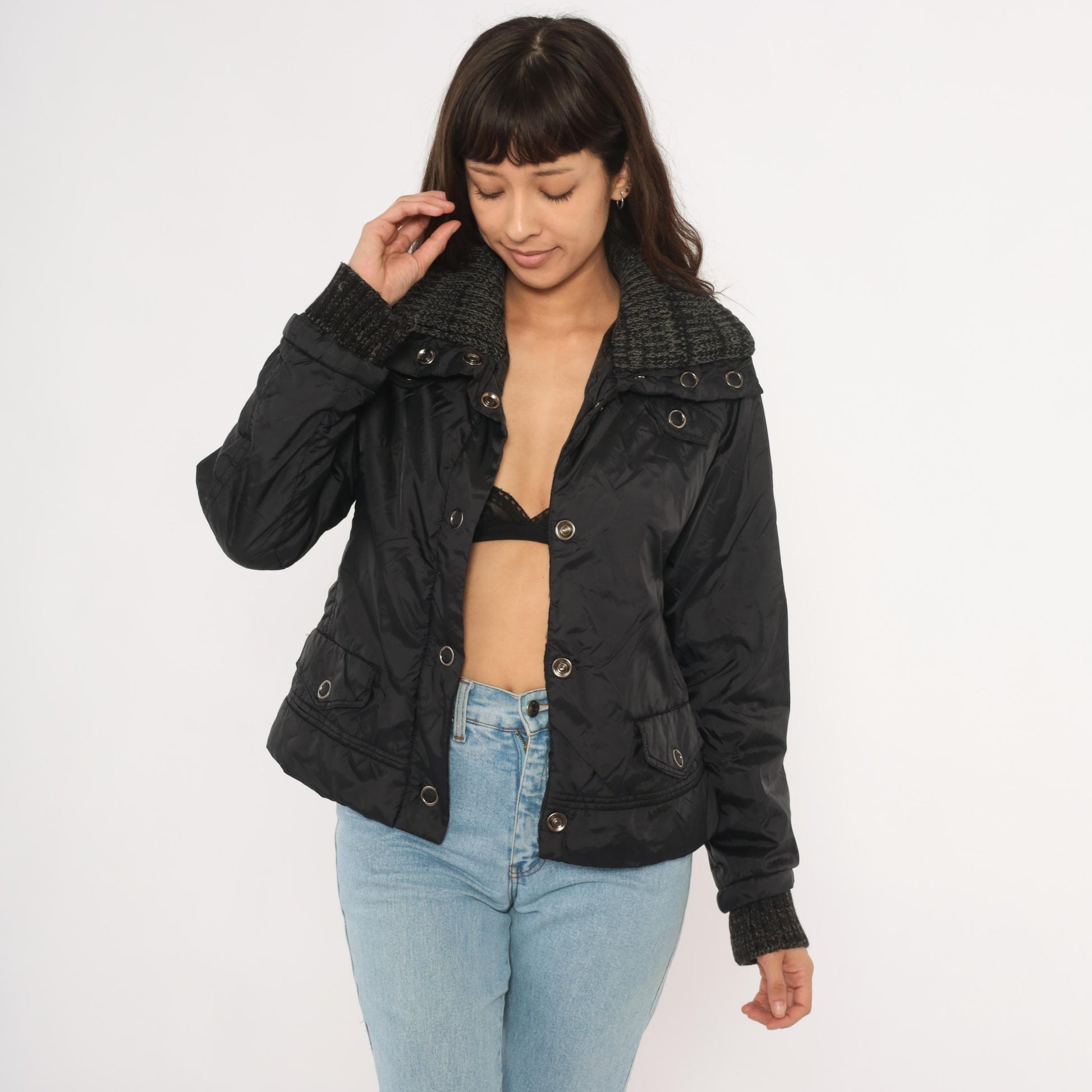 Y2K Dollhouse Black Bomber Jacket Snap Front Knit Collar Cropped Medium M