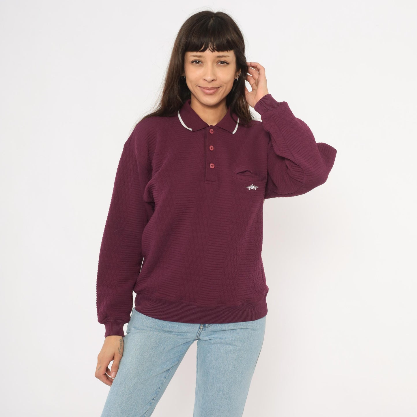 90s Green Line International Plum Polo Sweater Diamond Knit White Collar Medium M