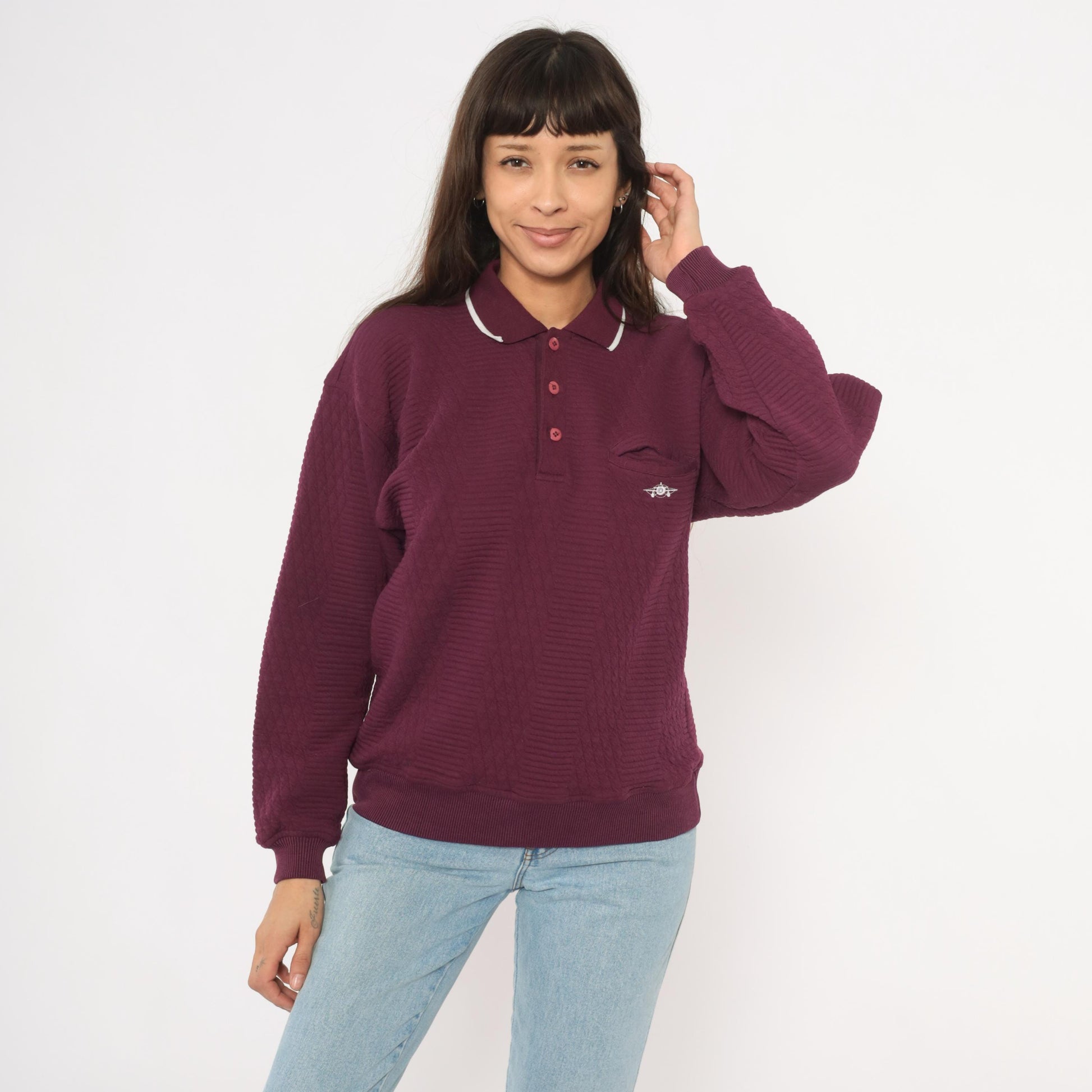 90s Green Line International Plum Polo Sweater Diamond Knit White Collar Medium M