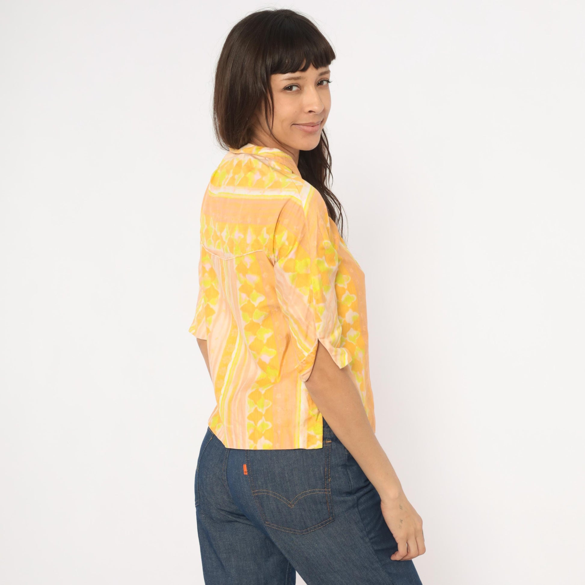 70s Frog Closure Blouse Yellow Geometric Print Mandarin Collar Three Quarter Sleeve Extra Small XS
