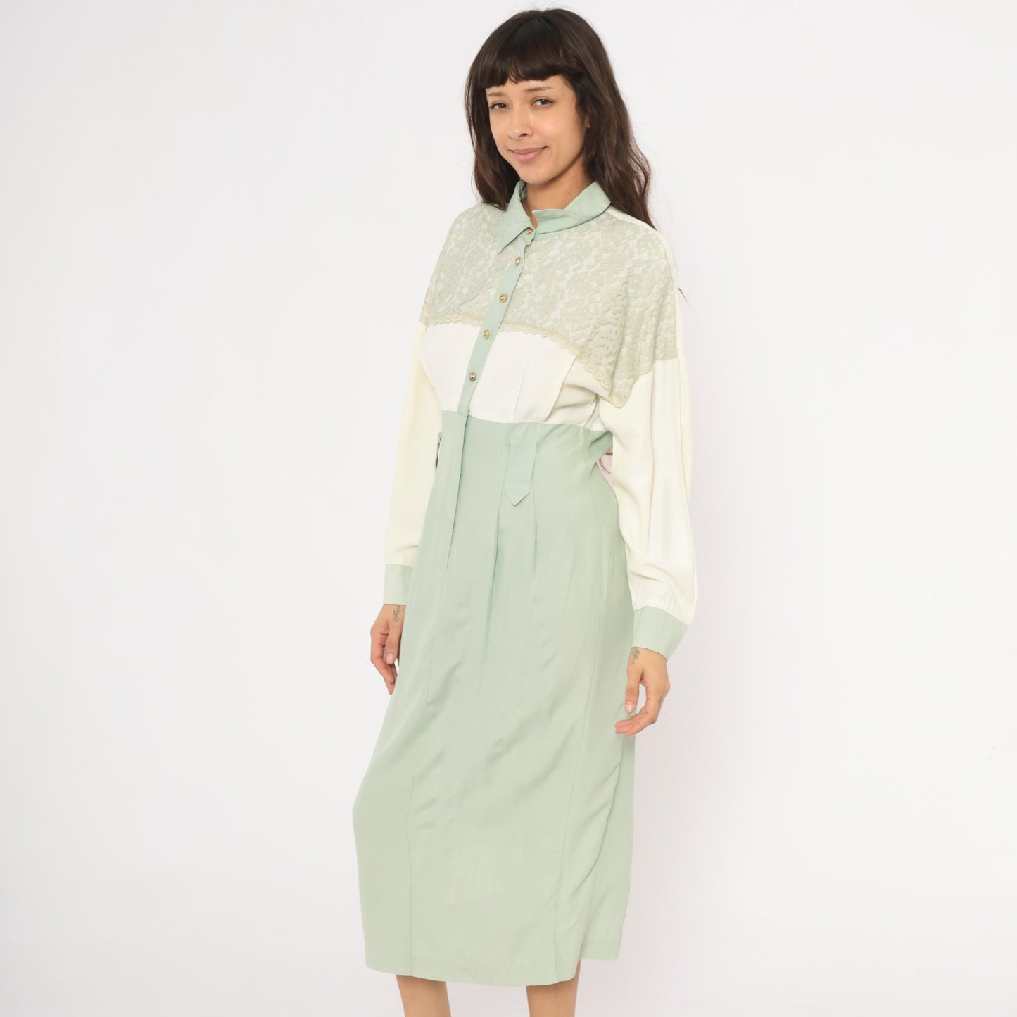 90s Irresistible Sage Mint Lace Midi Dress Gold Buttons Pointed Collar Large L