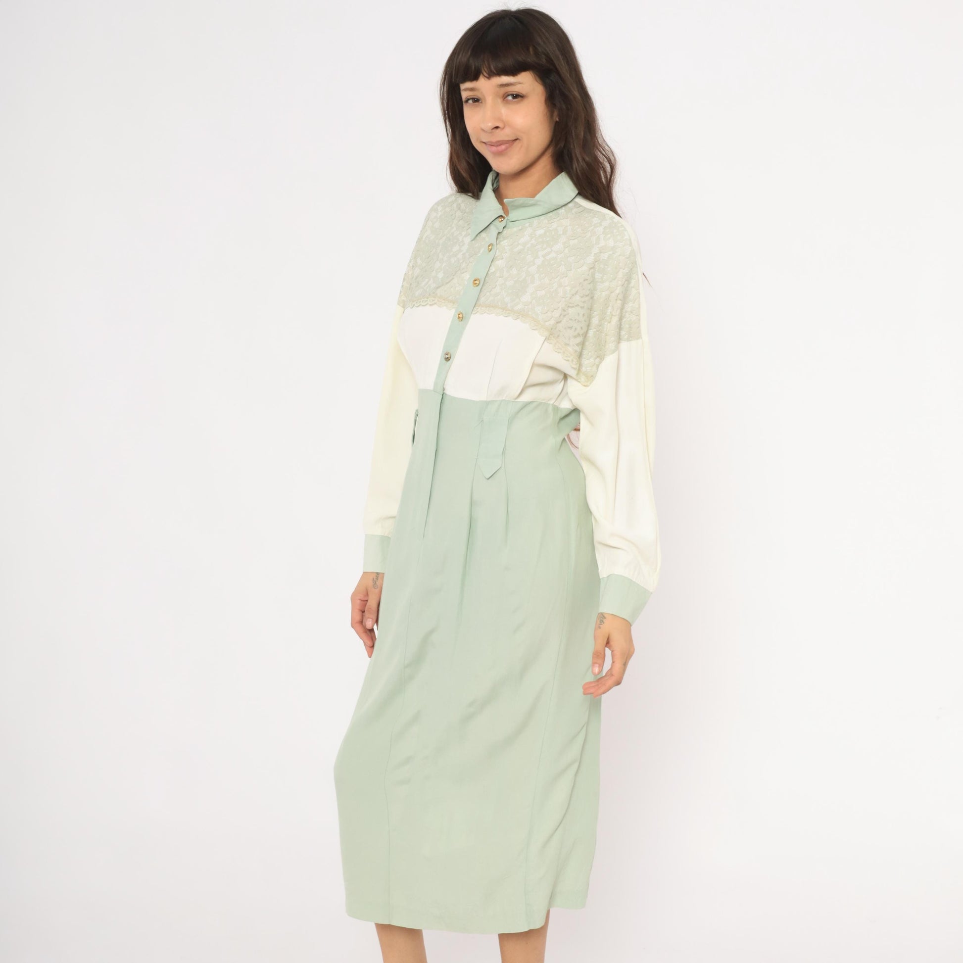 90s Irresistible Sage Mint Lace Midi Dress Gold Buttons Pointed Collar Large L