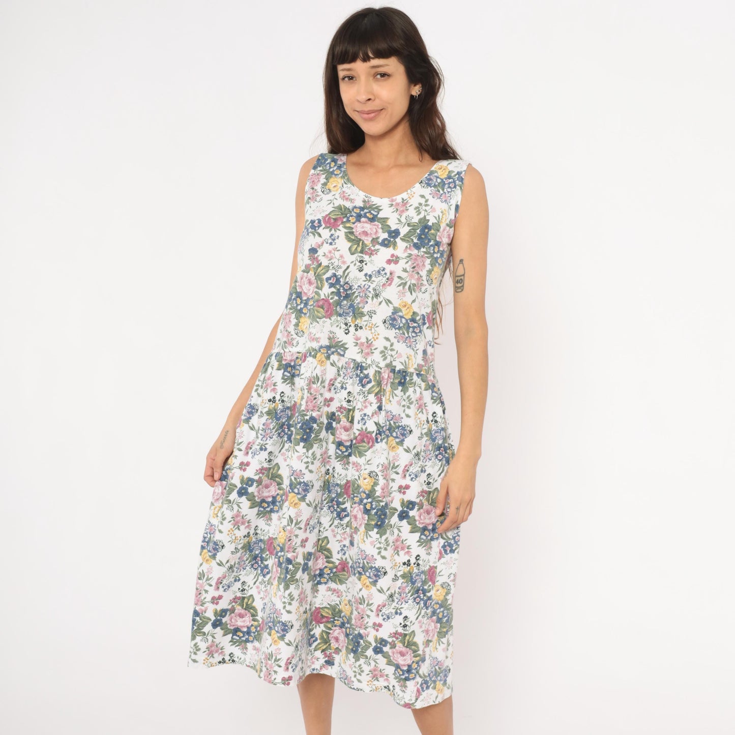 90s Erika Floral Sundress White Pink Blue Garden Print Cotton Small