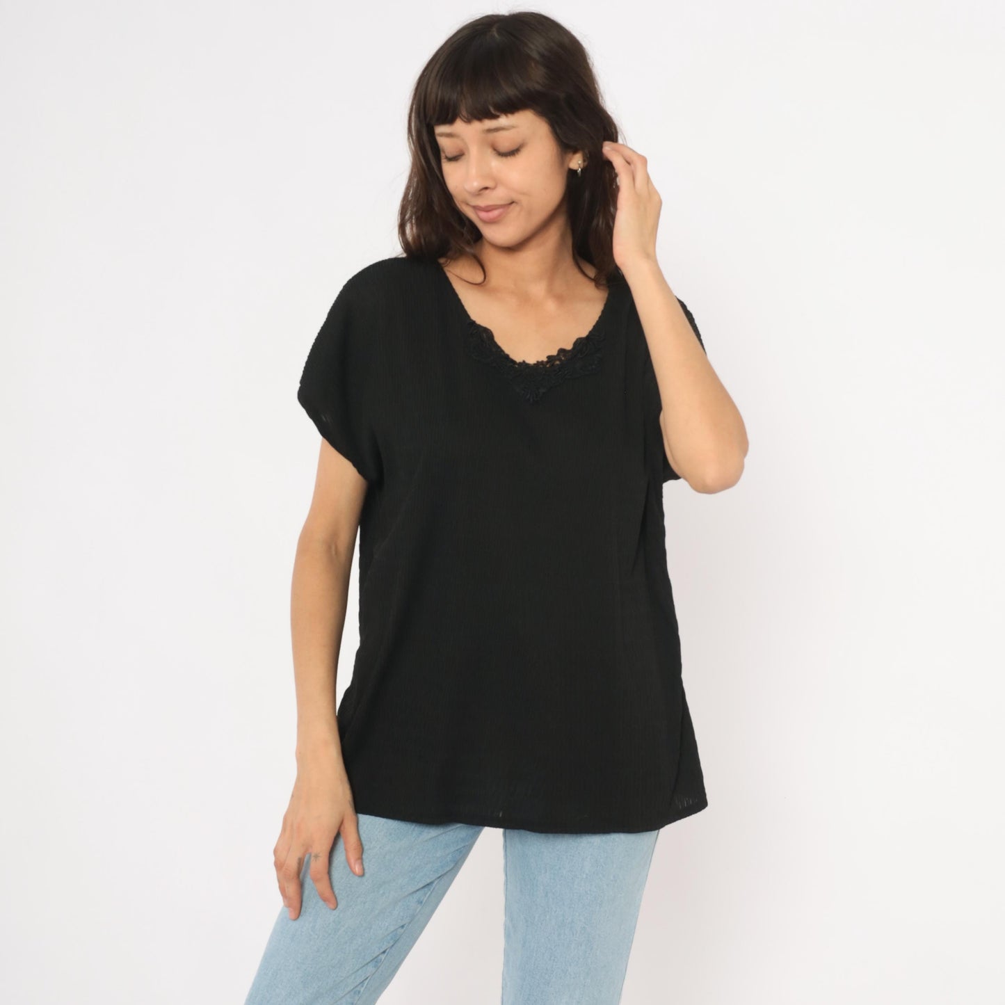 90s Copy Cats Black Lace Neckline Blouse Dolman Sleeve Tunic Extra Large XXL