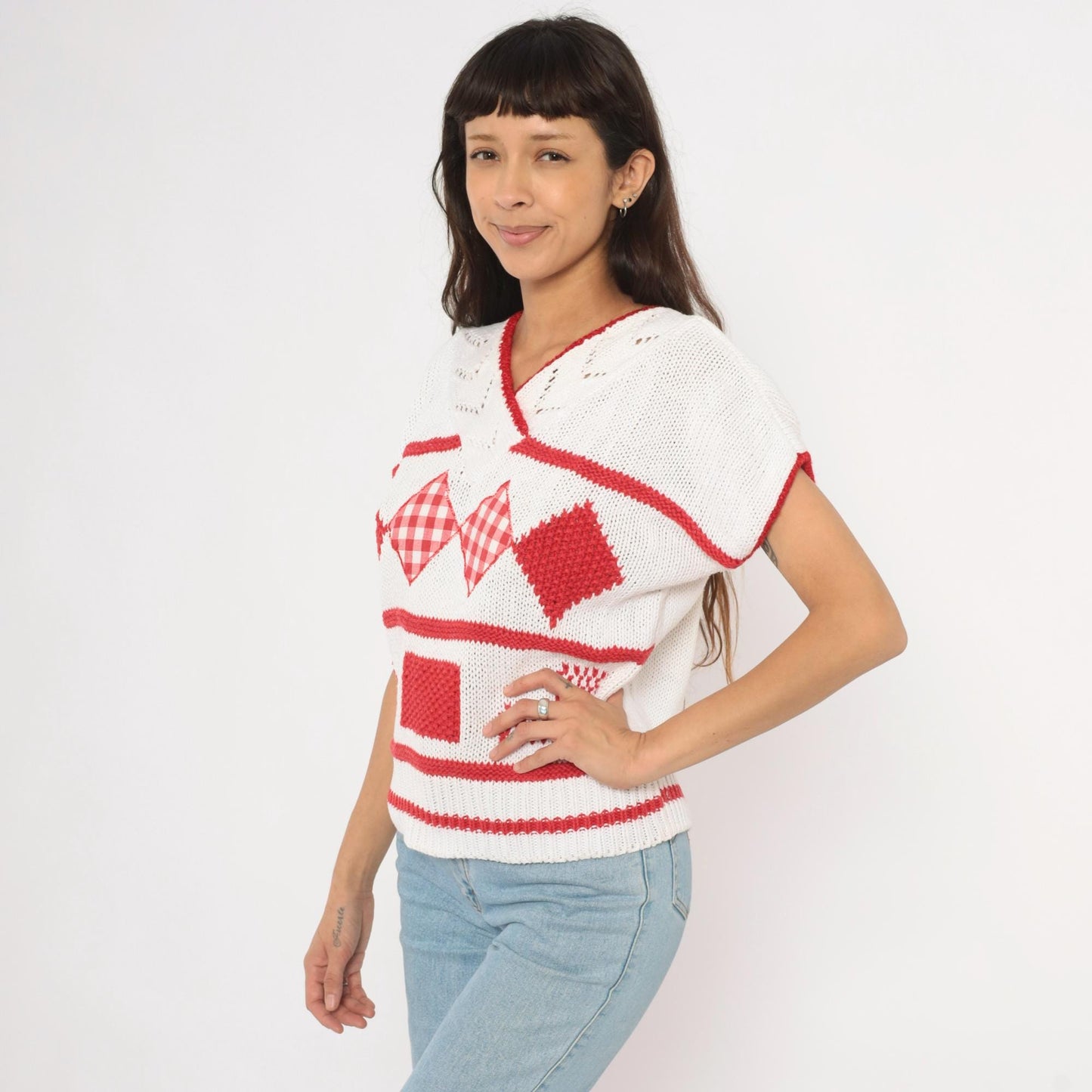 80s SML Sport Gingham Patchwork Knit Top White Red V-Neck Small