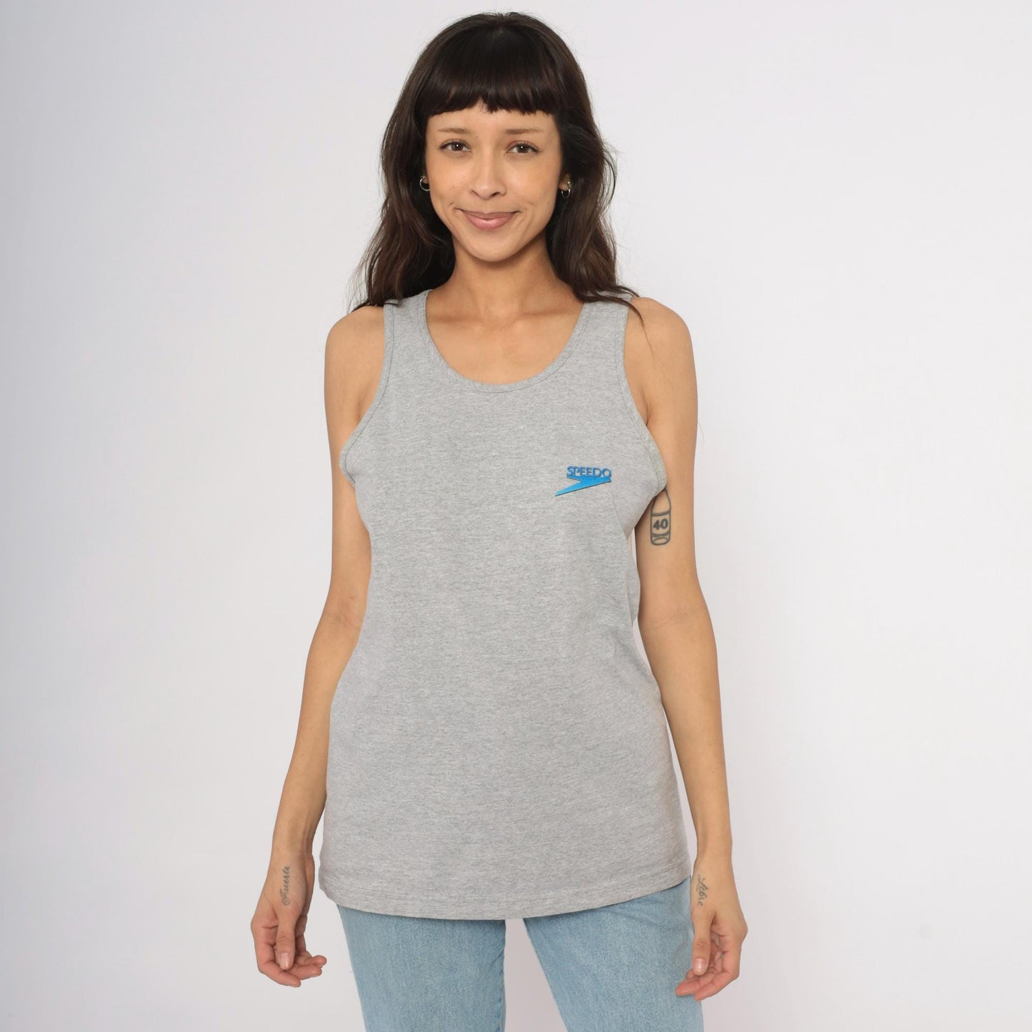 90s Speedo Tank Top Heather Grey Tropical Ocean Graphic Cotton Medium