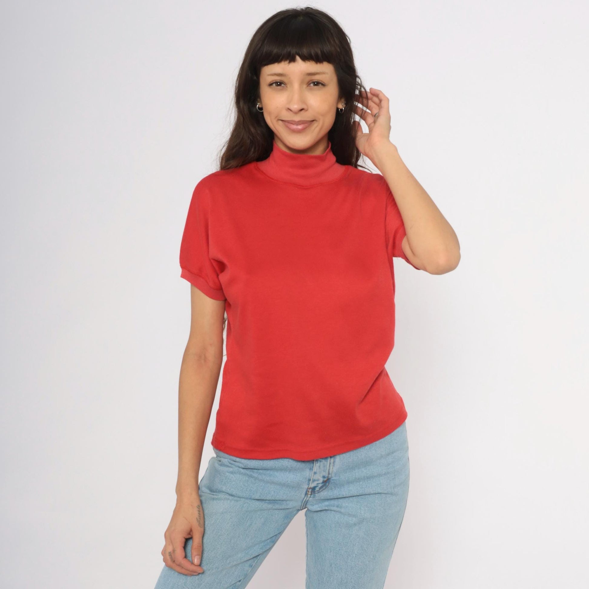 90s French Navy Red Mock Neck Cotton Tee Short Sleeve Medium M