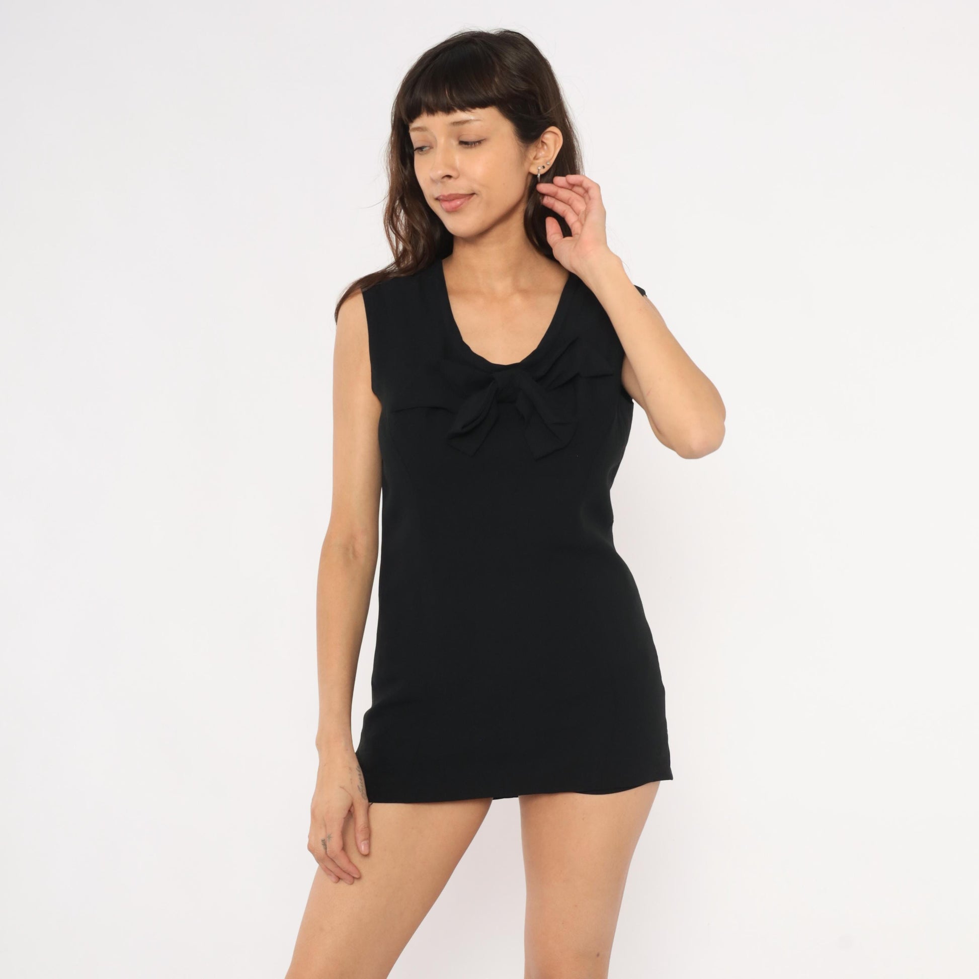 60s Mod Mini Dress Black Bow Front Sleeveless Shift Cocktail Small
