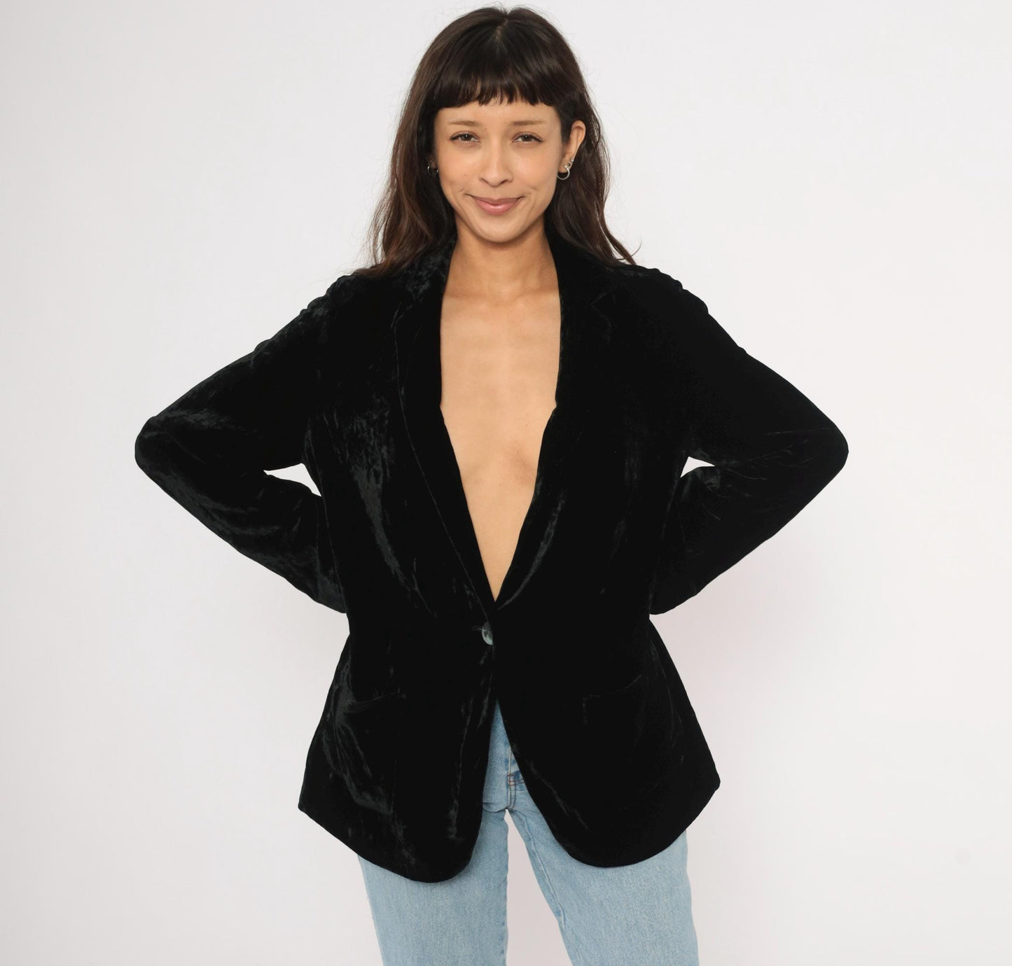 90s J. Jill Black Crushed Velvet Blazer Deep V Single Button Medium