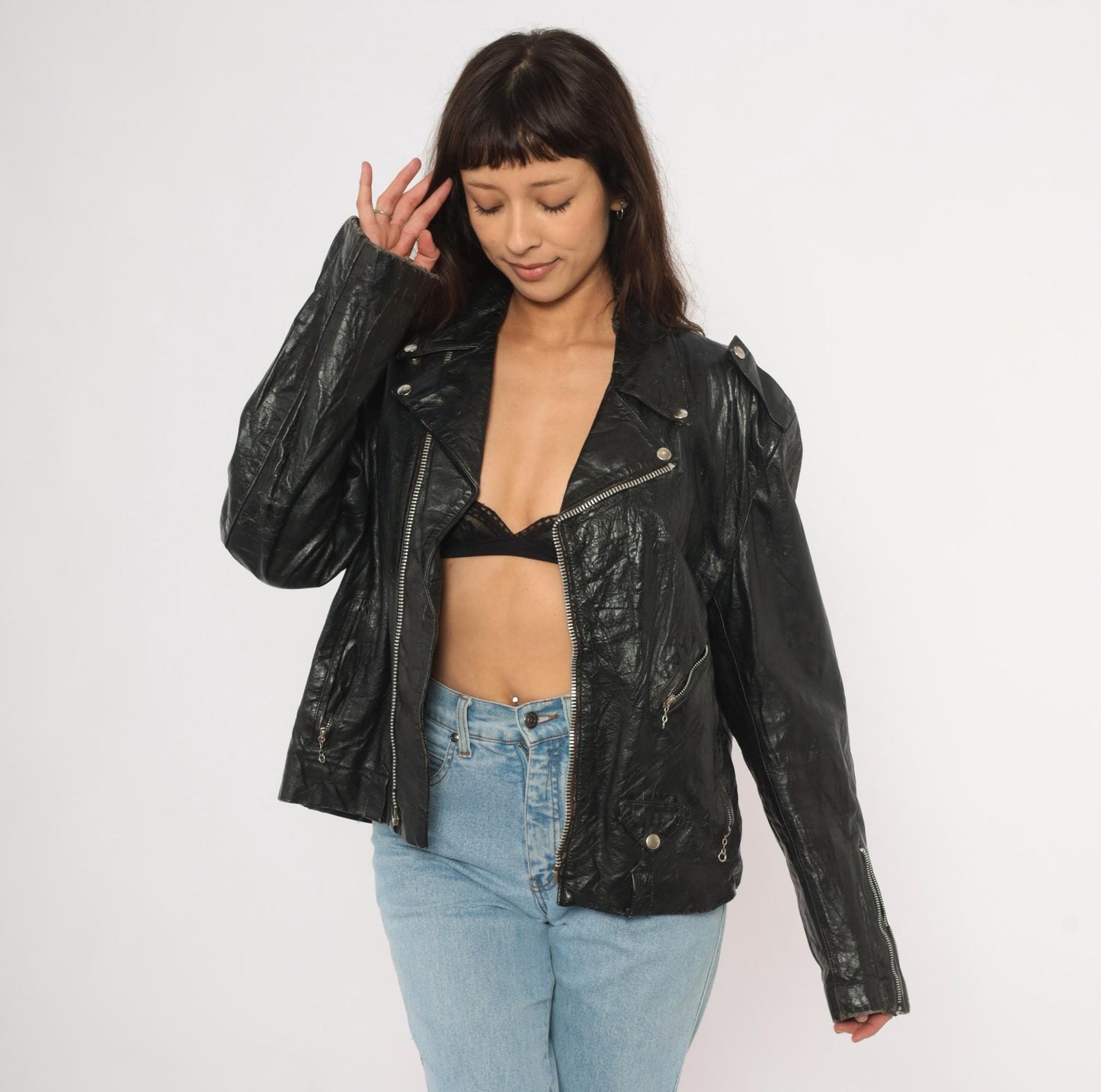 90s Black Leather Moto Jacket Asymmetrical Zip Biker Coat Medium M