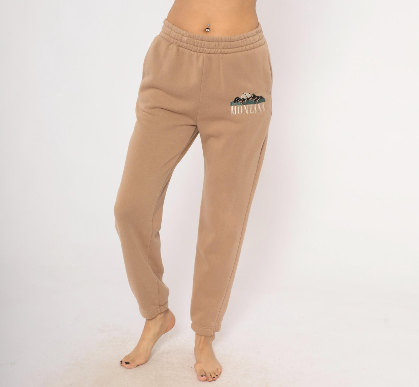 Y2K Montana Embroidered Joggers Tan Fleece Tapered Cuffed Small S