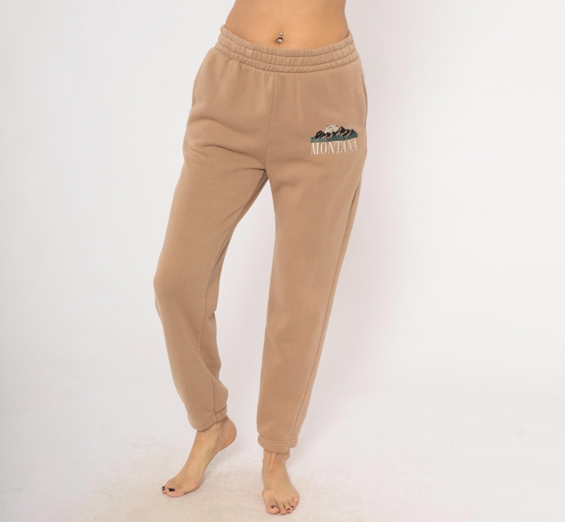 Y2K Montana Embroidered Joggers Tan Fleece Tapered Cuffed Small S