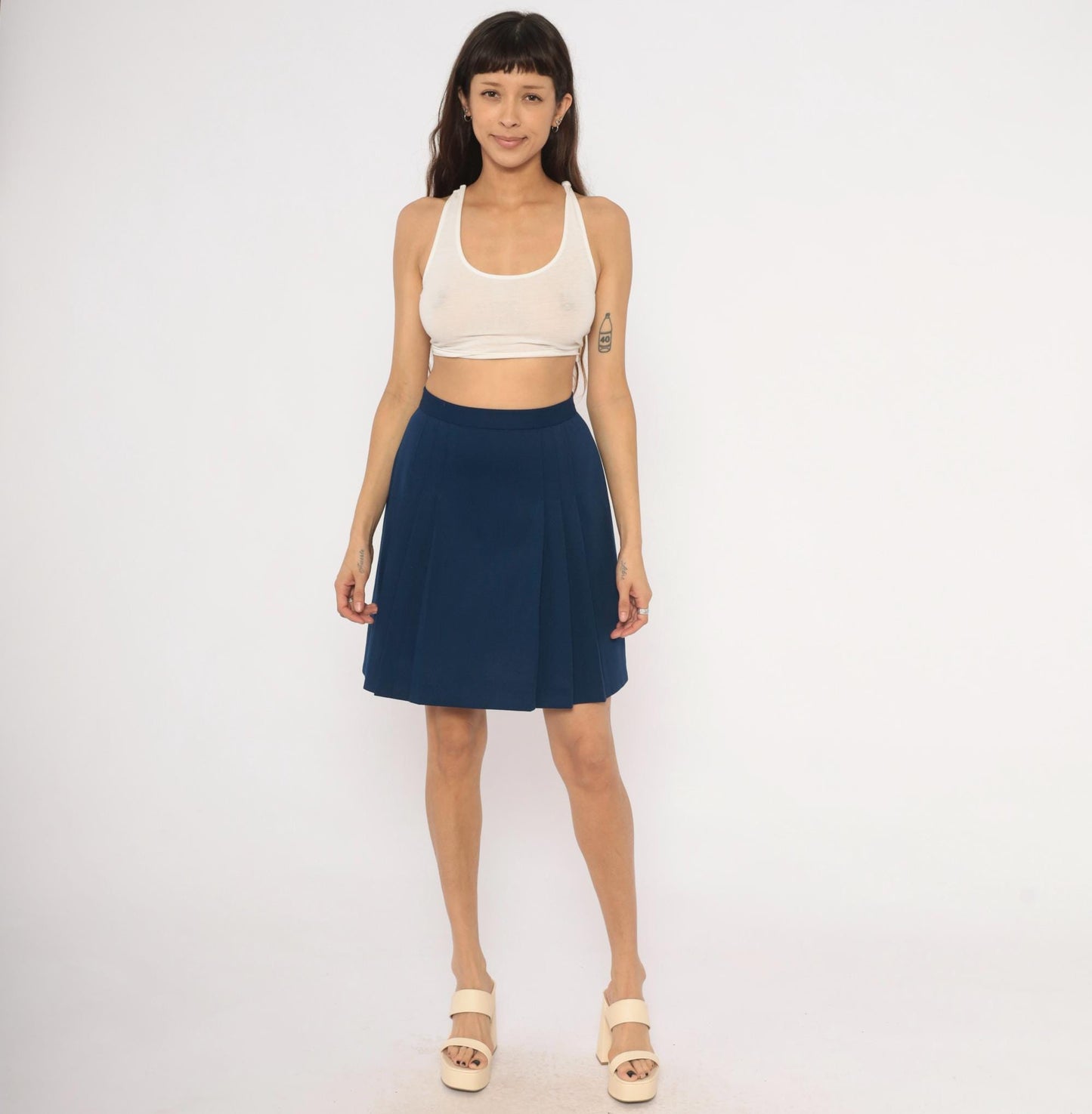 70s Navy Pleated A-Line Skirt High Waist Knee-Length Small