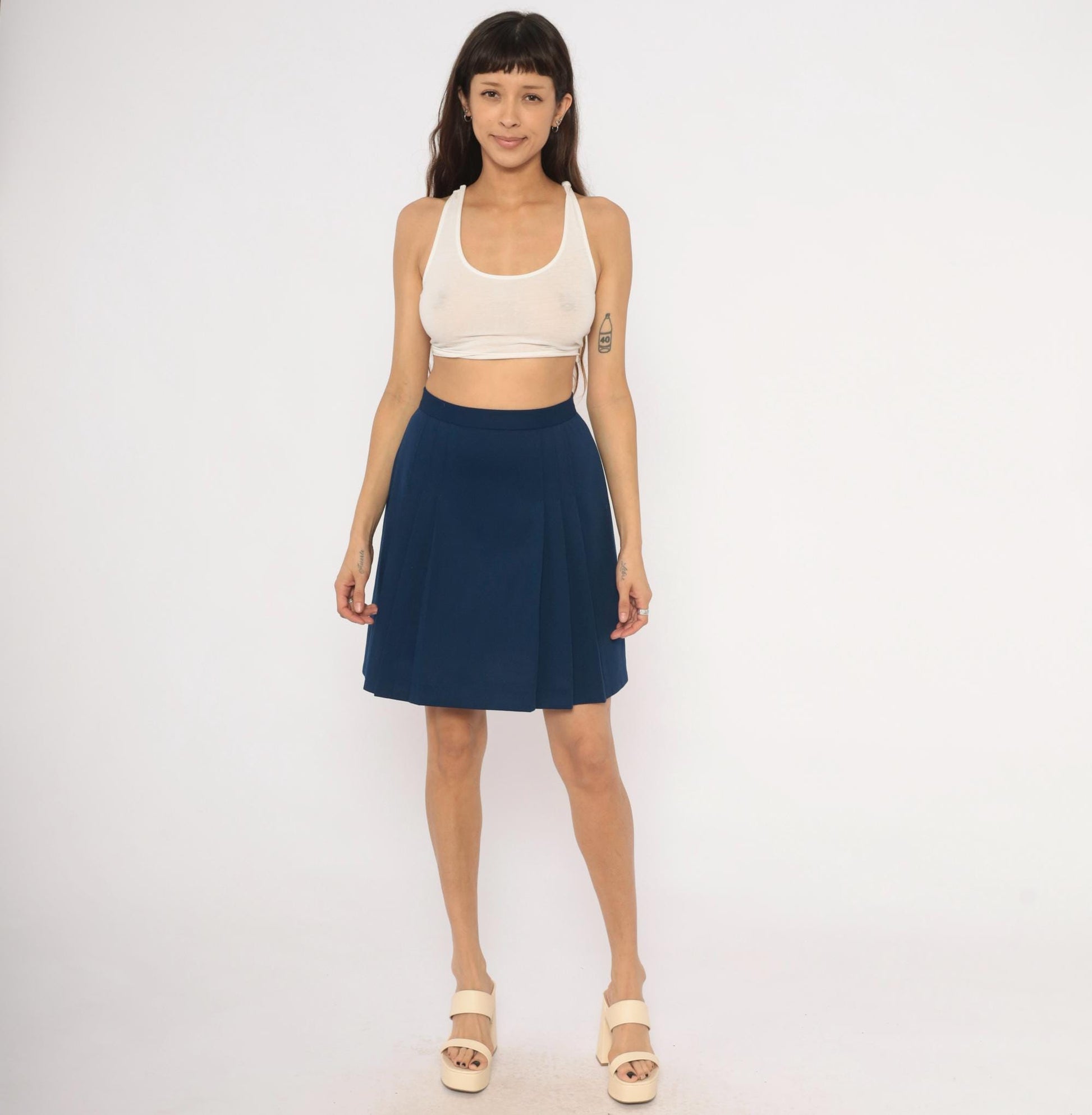 70s Navy Pleated A-Line Skirt High Waist Knee-Length Small