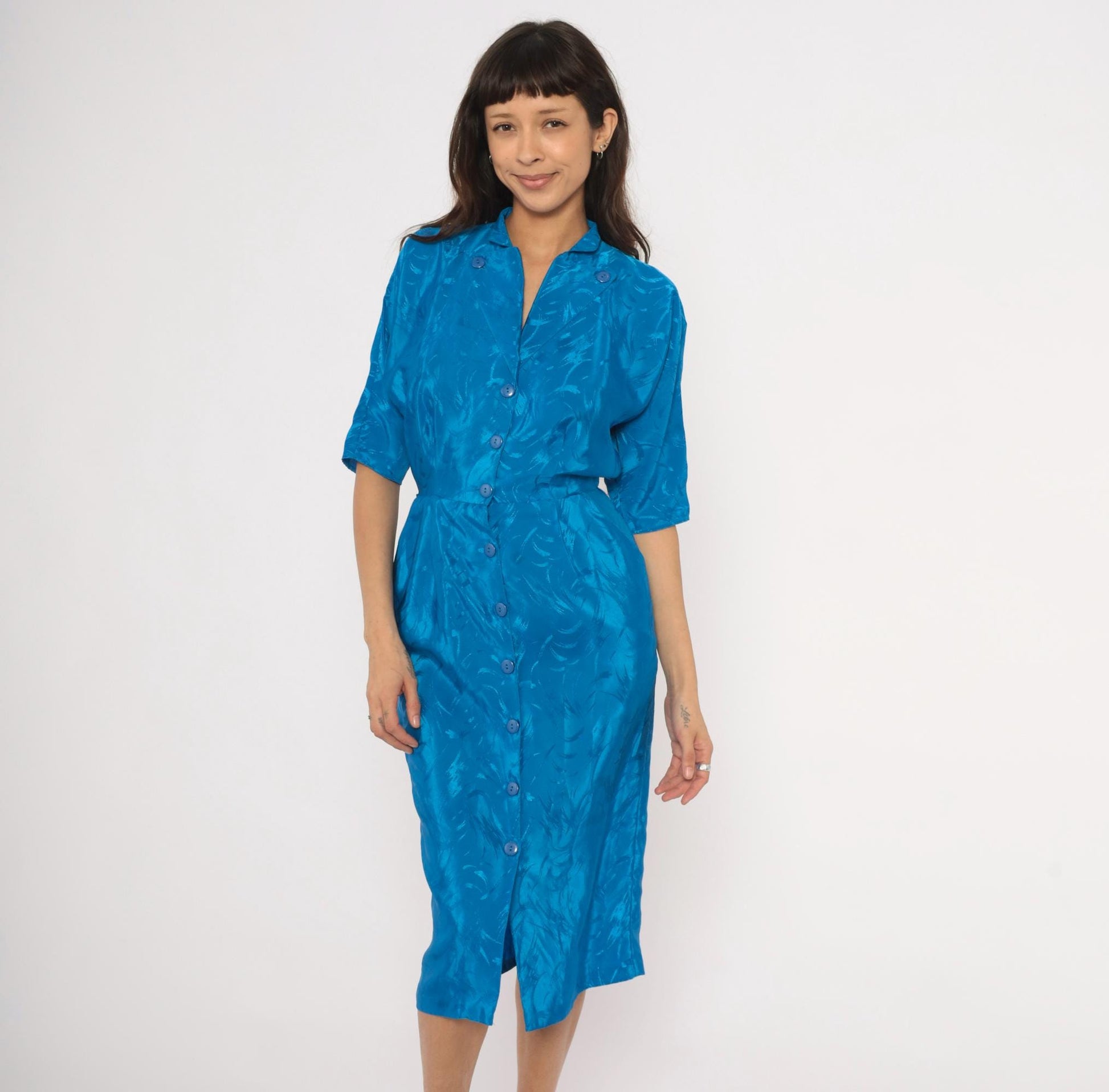 80s Joni Blair Cobalt Jacquard Shirtdress Midi Blue Half Sleeve Small S