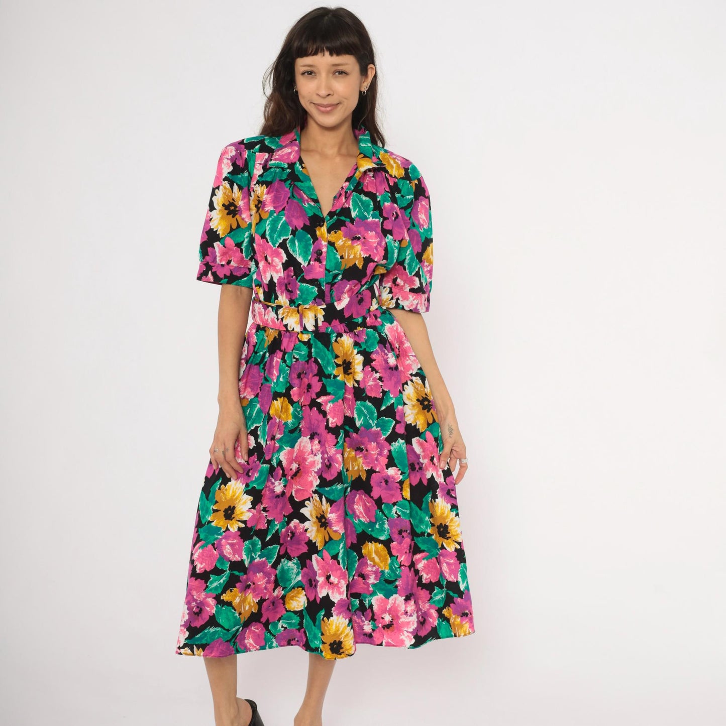 90s Ultra Dress Floral Midi Shirtdress Belted Notch Collar Multicolor Extra Large XL