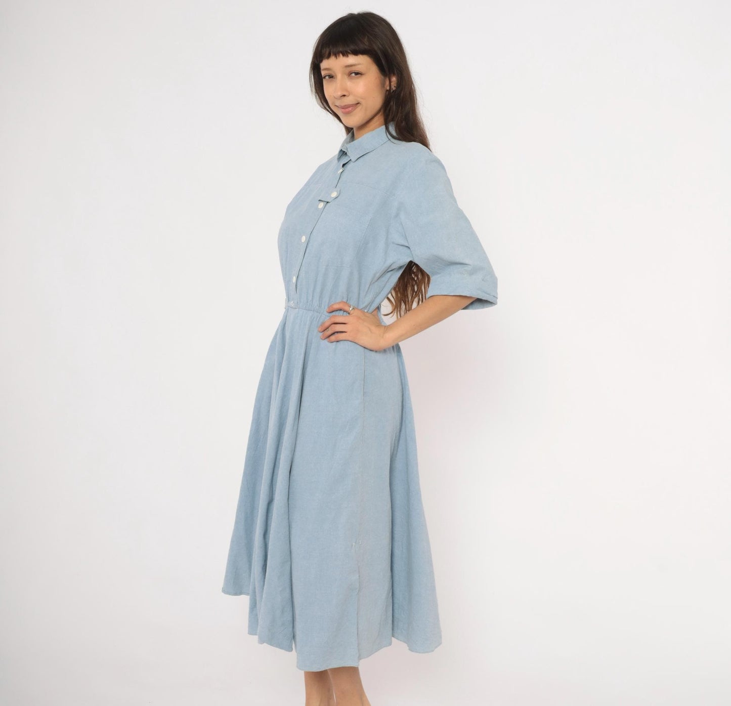 80s Powder Blue Chambray Shirt Dress Cotton Midi Flared Skirt Large L